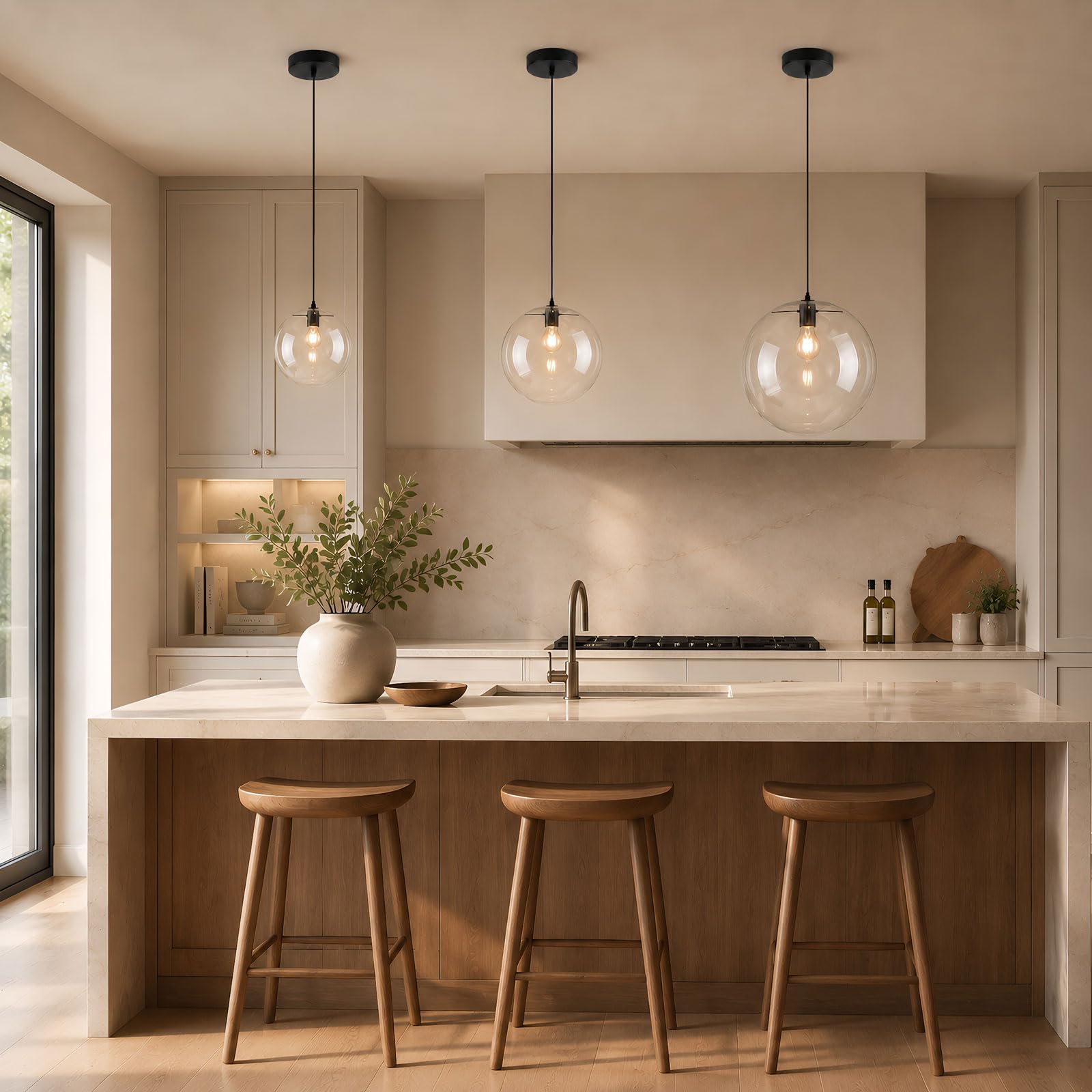 Lampada a Sospensione da Soffitto in Vetro Moderna E27 Globo Trasparente Finitura Dorata Lampadario Regolabile 150cm per Isola Cucina Sala da Pranzo Camera Caffè Corridoio (Nero, 20cm)