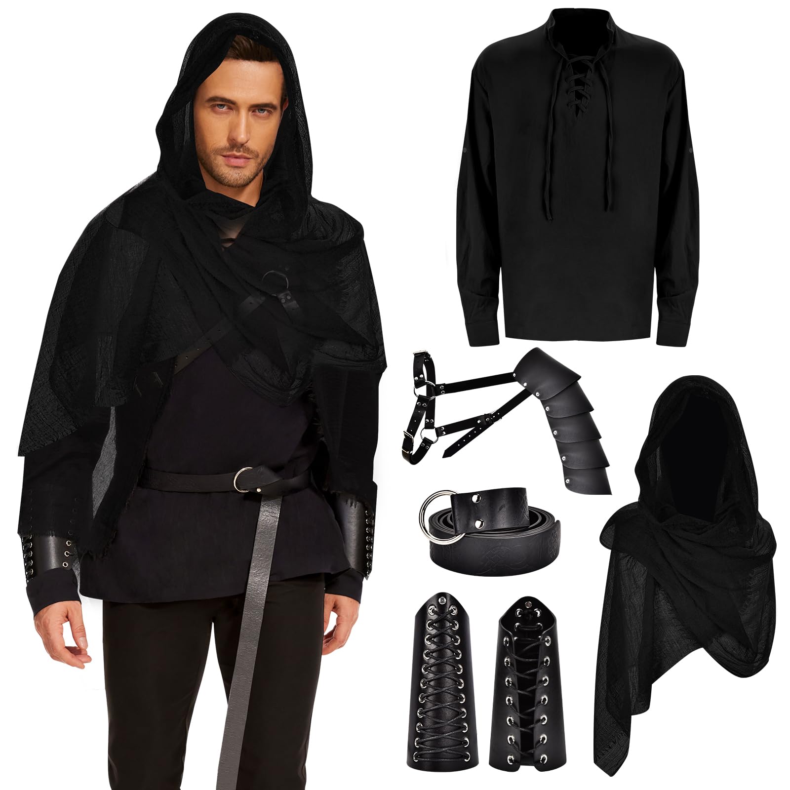 Ulikey Disfraz Medieval para Hombre, Conjunto de Traje Renacentista, 5PCS Accesorios para Ropa Medievales - Con Camisa Medieval, Cinturón, Pañuelo, Muñequeras Accesorios