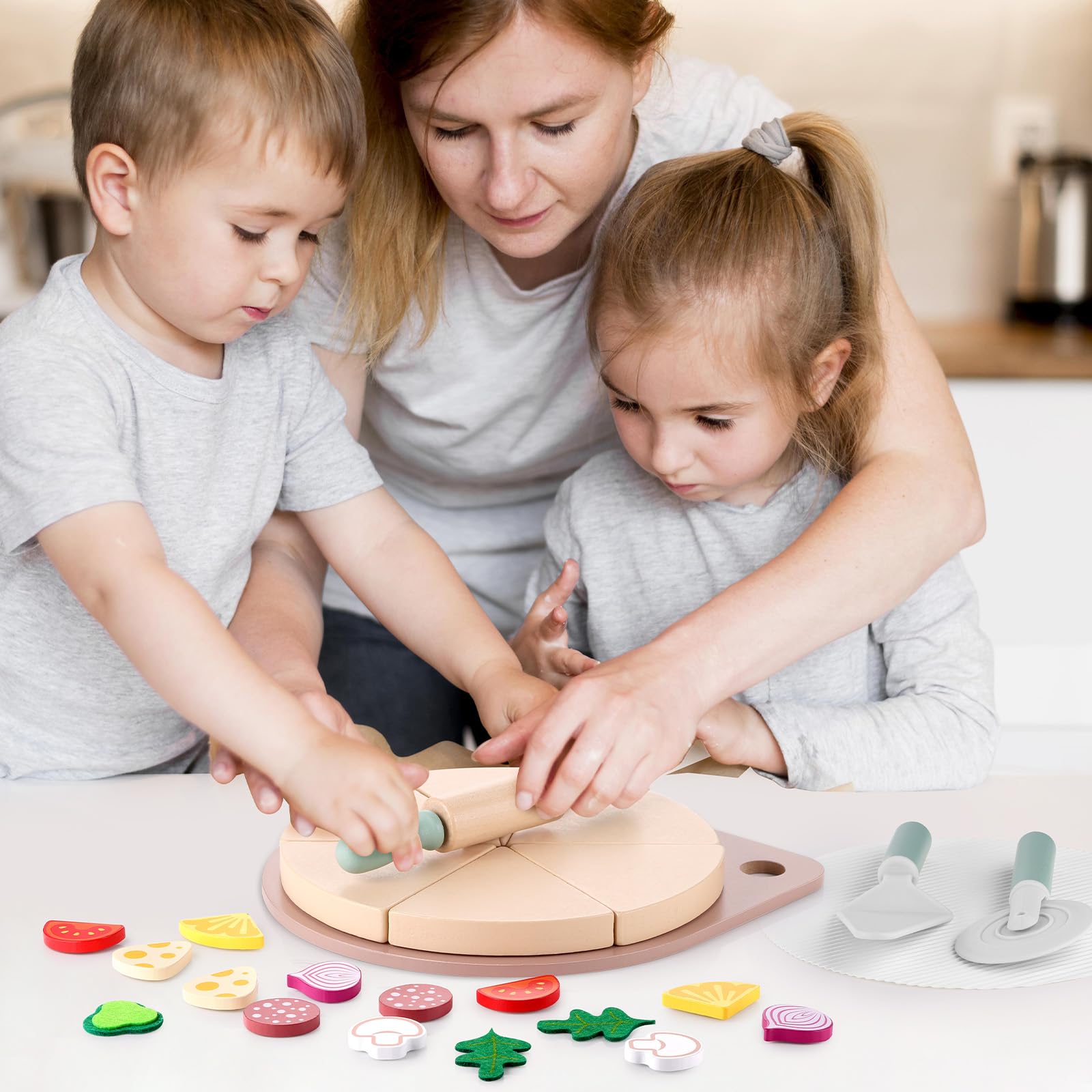 GAGAKU Set per pizza in legno - 27 pezzi Accessori da cucina per bambini 3-8 Giocattolo da cucina per pizza in legno Gioco di ruolo educativo