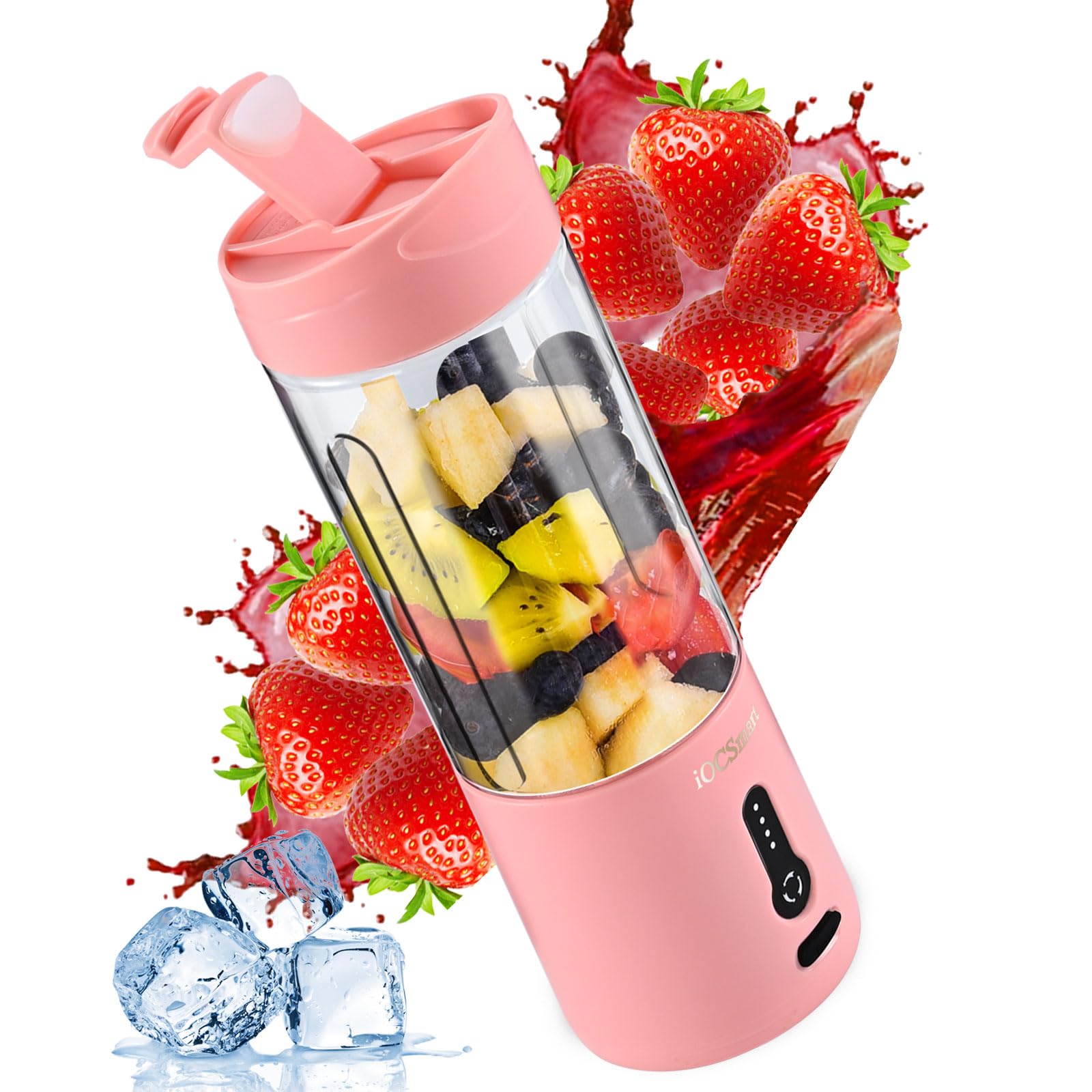 Portable Blender for Shakes and Smoothies, Personal Blender for Milkshakes,18oz One-handed Drinking Type-C Rechargeable Mini Juicer Blender Cup for Travel Sports Kitchen (Pink.)