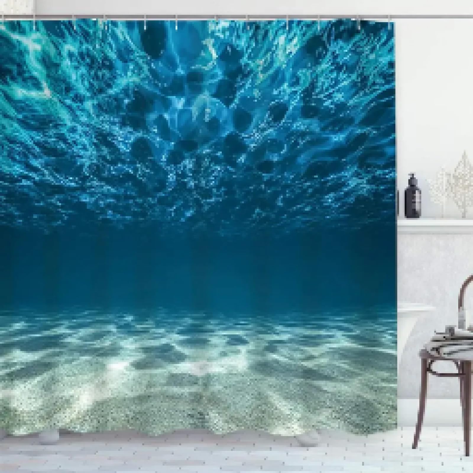 Ozean-Duschvorhang-Set, Tropische Meereslandschaft, strahlender Sonnenschein durch tiefblaues Meerespanorama, Unterwasser-Duschvorhänge für Badezimmer, B x L: 200 x 240 cm