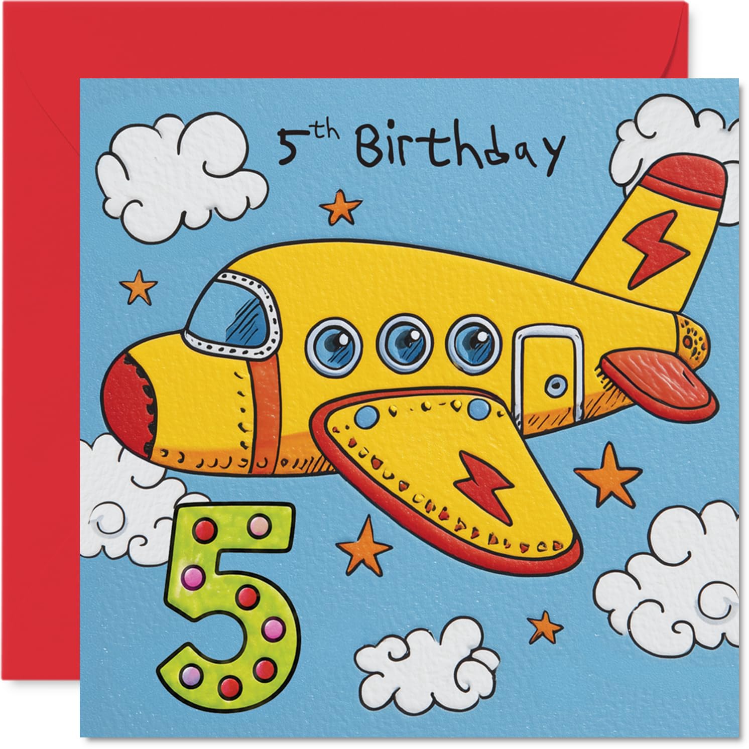 Playful 5th Birthday Card - Up, Up and Hooray! - Cartoon Yellow Aeroplane with Bold Number 5, Clouds and Stars - Bursting with Birthday Excitement - 145mm Square, Envelope Included