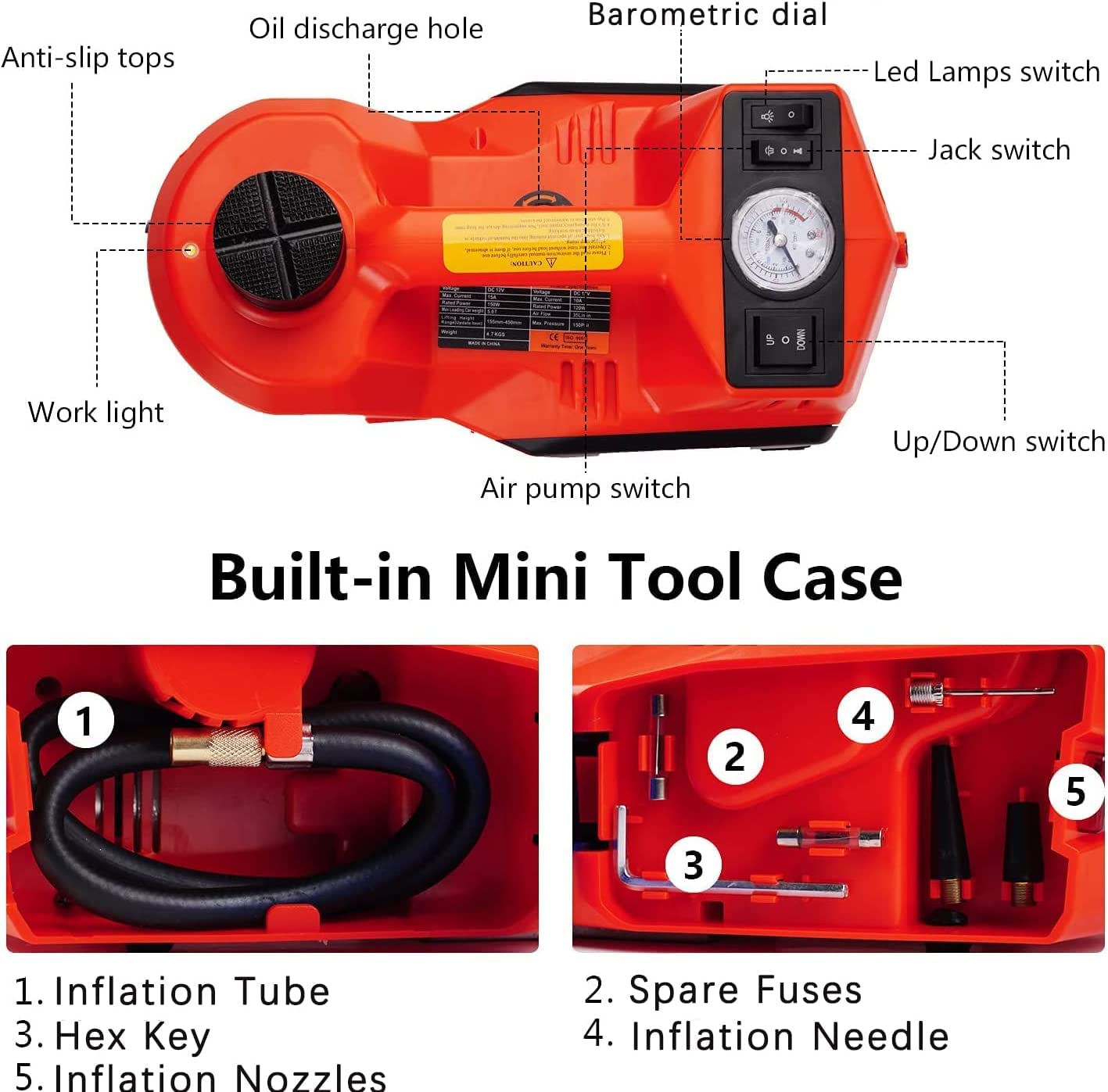 Cric Électrique 12v 5t 3 en 1 Ensemble de Cric de Voiture hydraulique électrique clé à Chocs électrique élévateur à Ciseaux de Voiture Pompe de gonflage de pneus avec Lampe LED (Orange B)