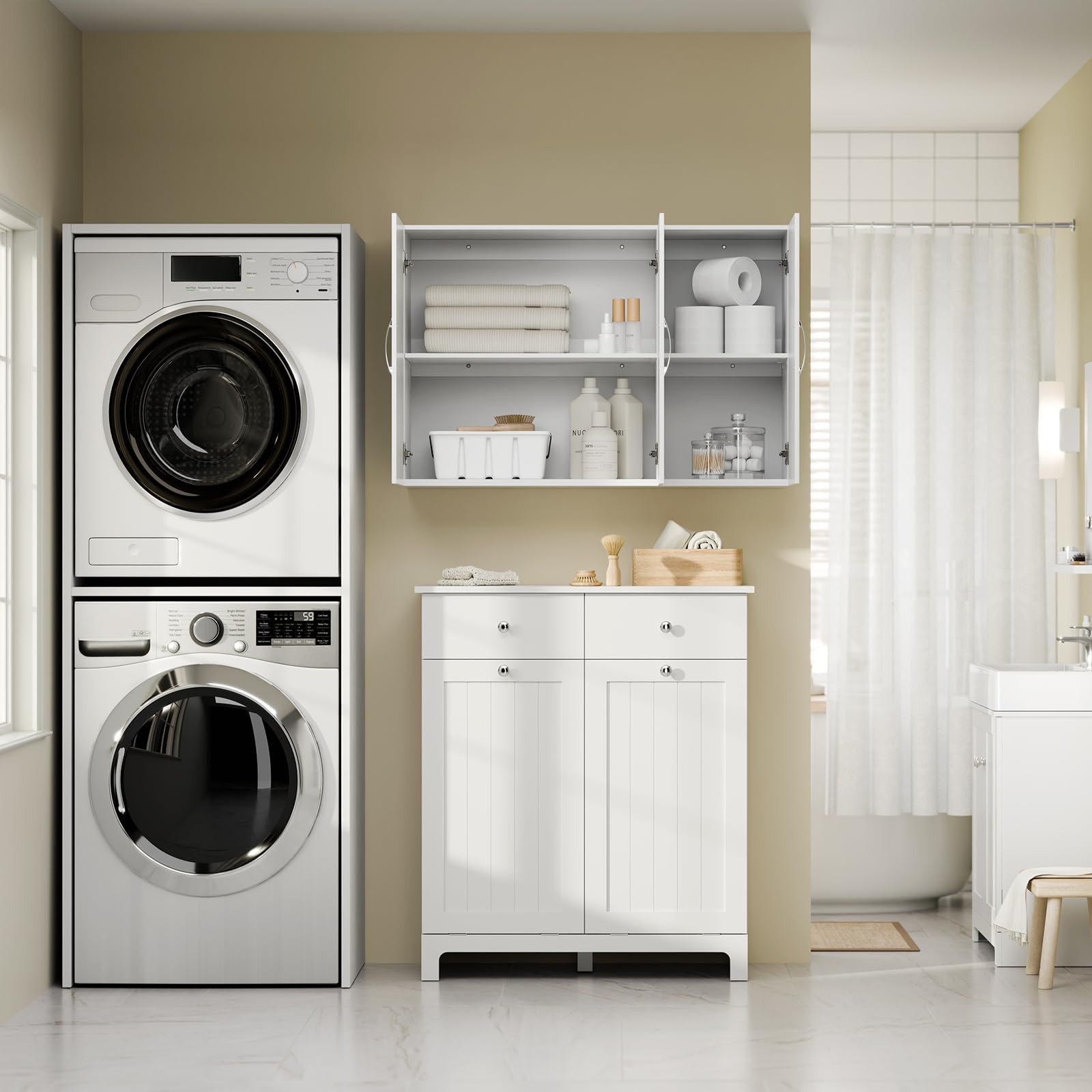 SoBuy Pensile Bagno Bianco - Mobile Bagno Sospeso con Ripiani Regolabili - Mobiletto Salvaspazio per Cucina e Lavanderia - Armadietto Bagno a Parete Moderno, 90x30x60 cm, FRG231-L-W