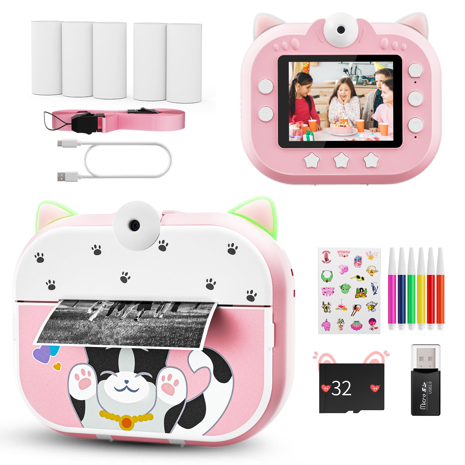 Macchina Fotografica Bambini Istantanea, Potuem 2.4 Pollici Digitale Fotocamera Bambini con Zoom 20X, Lente Ruotabile a 180°, 48MP/1080P Fotocamera Istantanea per Bambini, Regalo di Compleanno