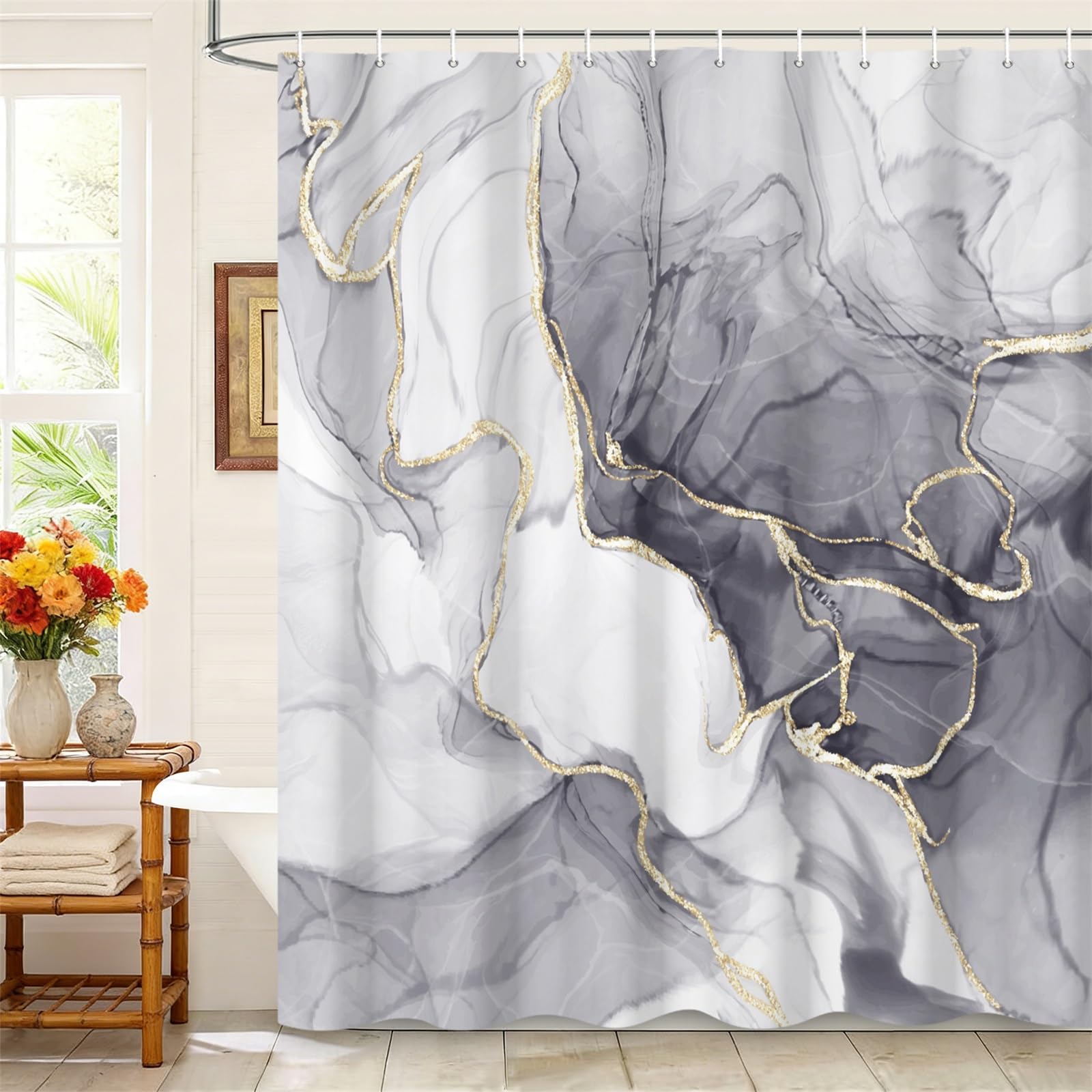 Kzzfqxb 180x180cm Shower Curtains with Plastic Hooks, Waterproof Occluded Grey Marble Texture Golden Curve Lines Flowing Smoke Art Pattern for Bath, Polyester Fabric for Bathroom Bathtub