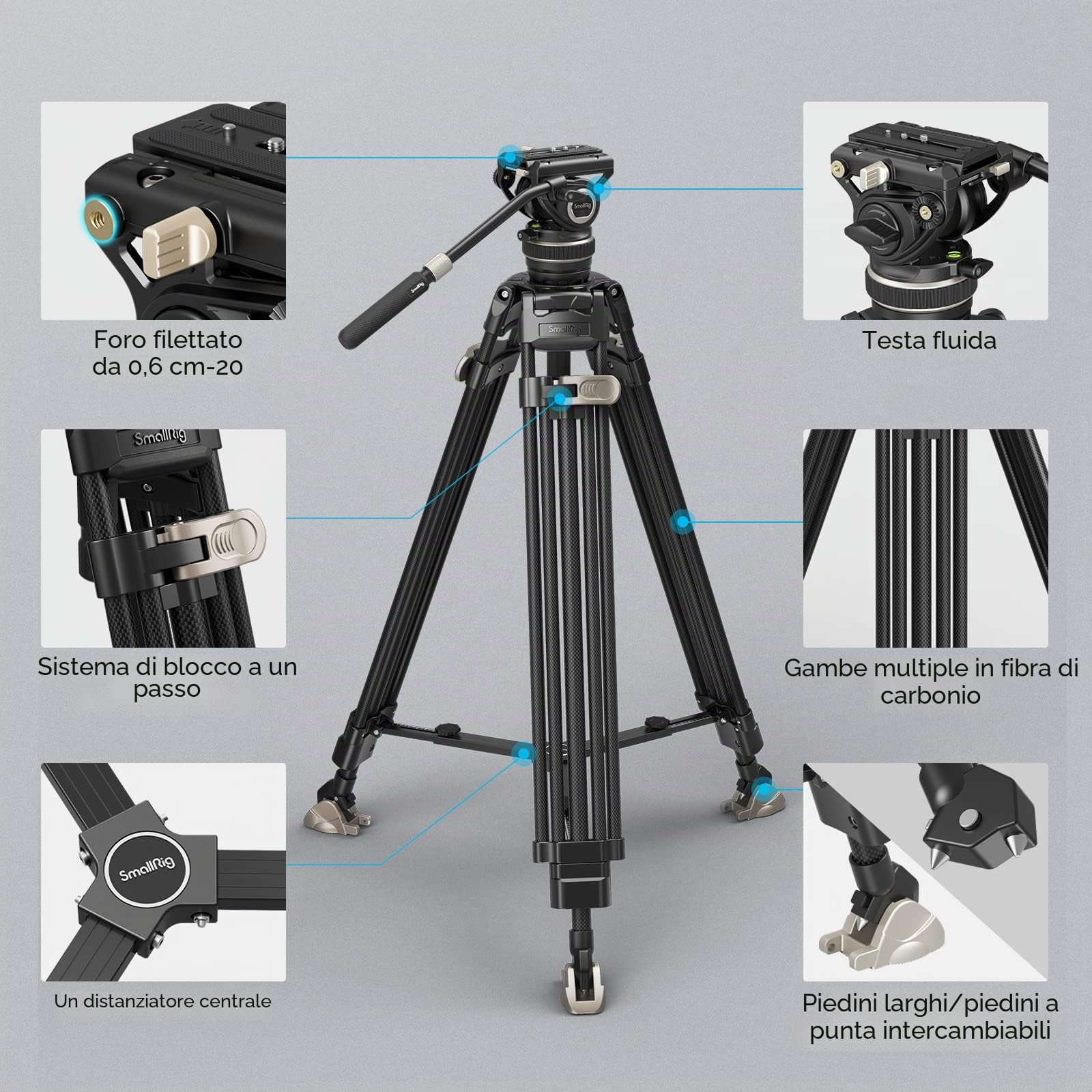 SMALLRIG FreeBlazer Treppiede in Fibra di Carbonio, Heavy-Duty Treppiede Video da per DJI RS 2/RS3/RS 3 Pro e per Manfrotto, 197 cm/78", Piastra a Sgancio Rapido, Carico Fino a 10 kg/22 Lbs - 3989