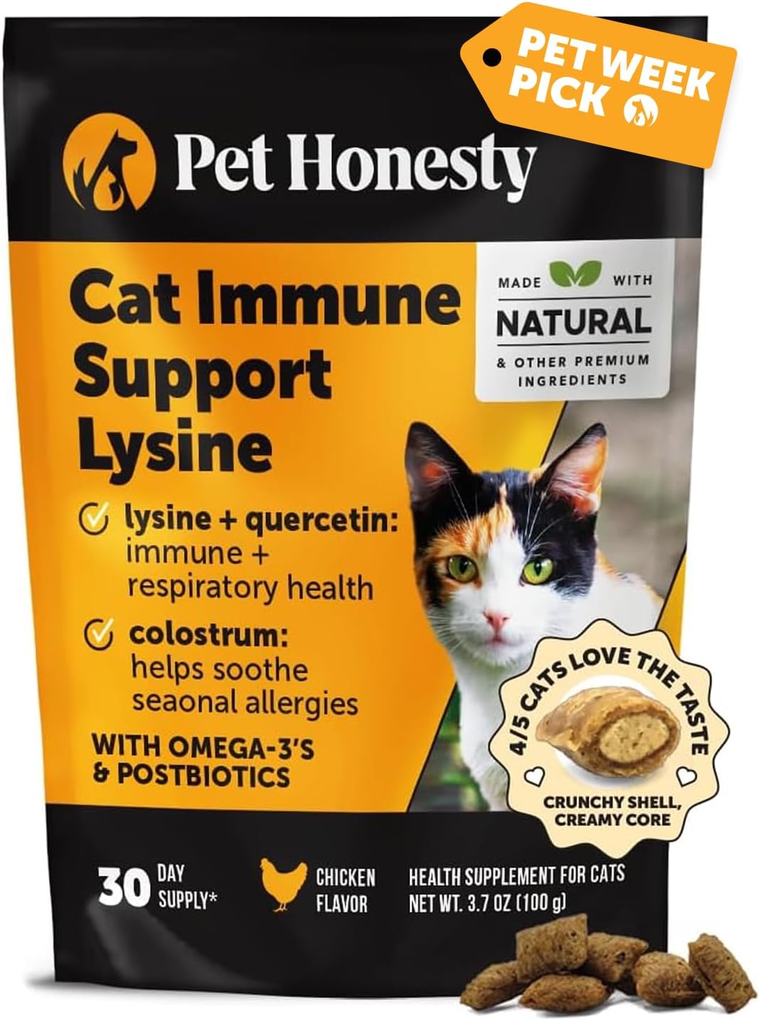 Pet Honesty Cat Immune Support Lysine - Cat Allergy Relief - Sneezing, Runny Nose, Watery Eyes - Cat Supplements & Vitamins with Omega 3s, L-Lysine, Antioxidants, Colostrum - Chicken (30 Day Supply)