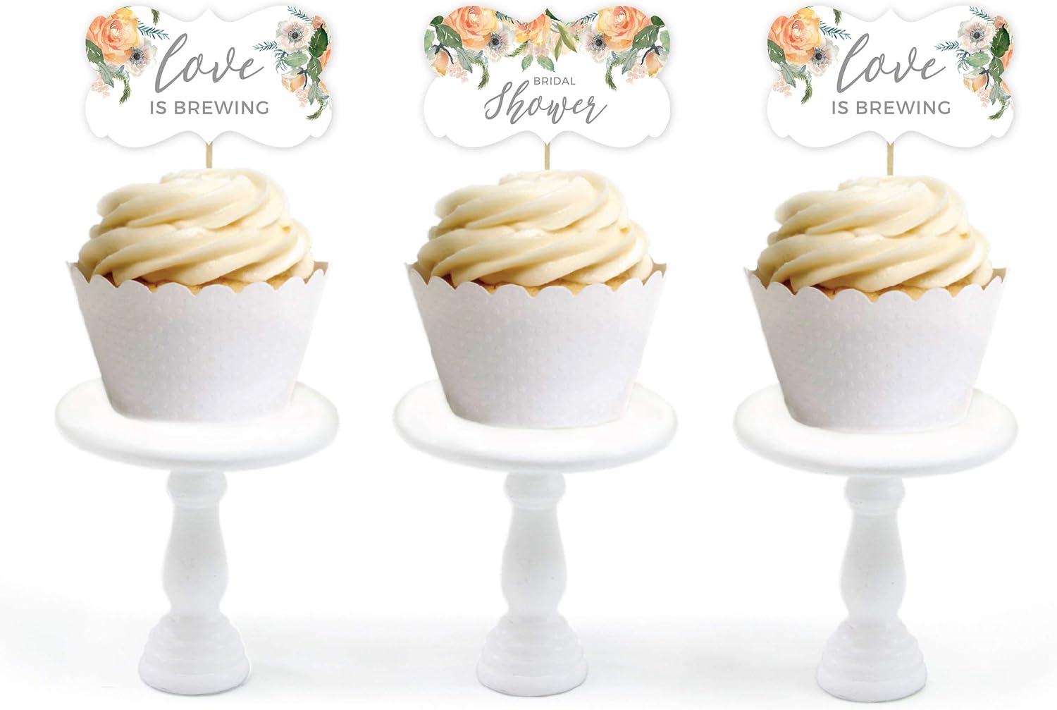 Andaz Press Peach Coral Floral Garden Party Wedding Collection, Cupcake Topper DIY Party Favors Kit, Fancy Frame Shape, 18-Pack
