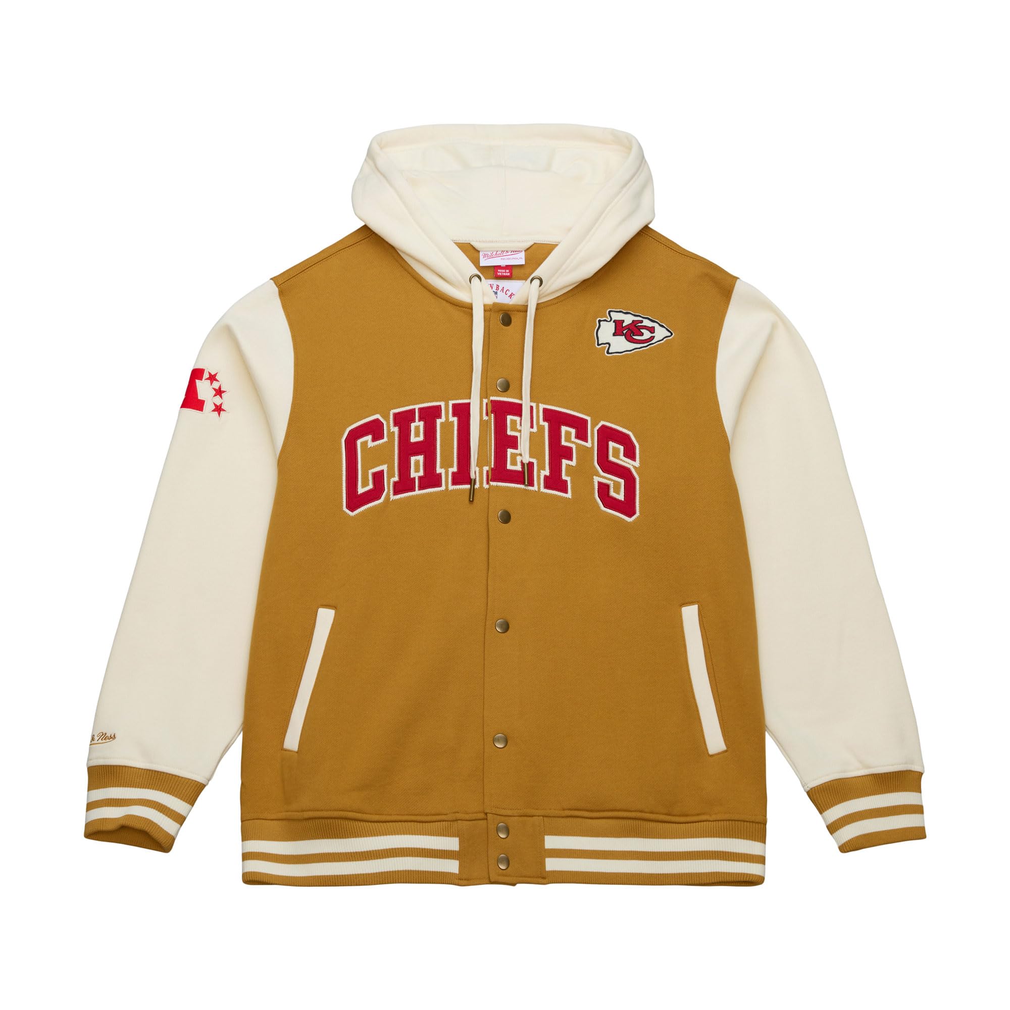 Mitchell & Ness NFL Vintage College - Chaqueta con capucha y mangas de colores con cierre de botón a presión, unisex, primavera, verano, otoño, invierno