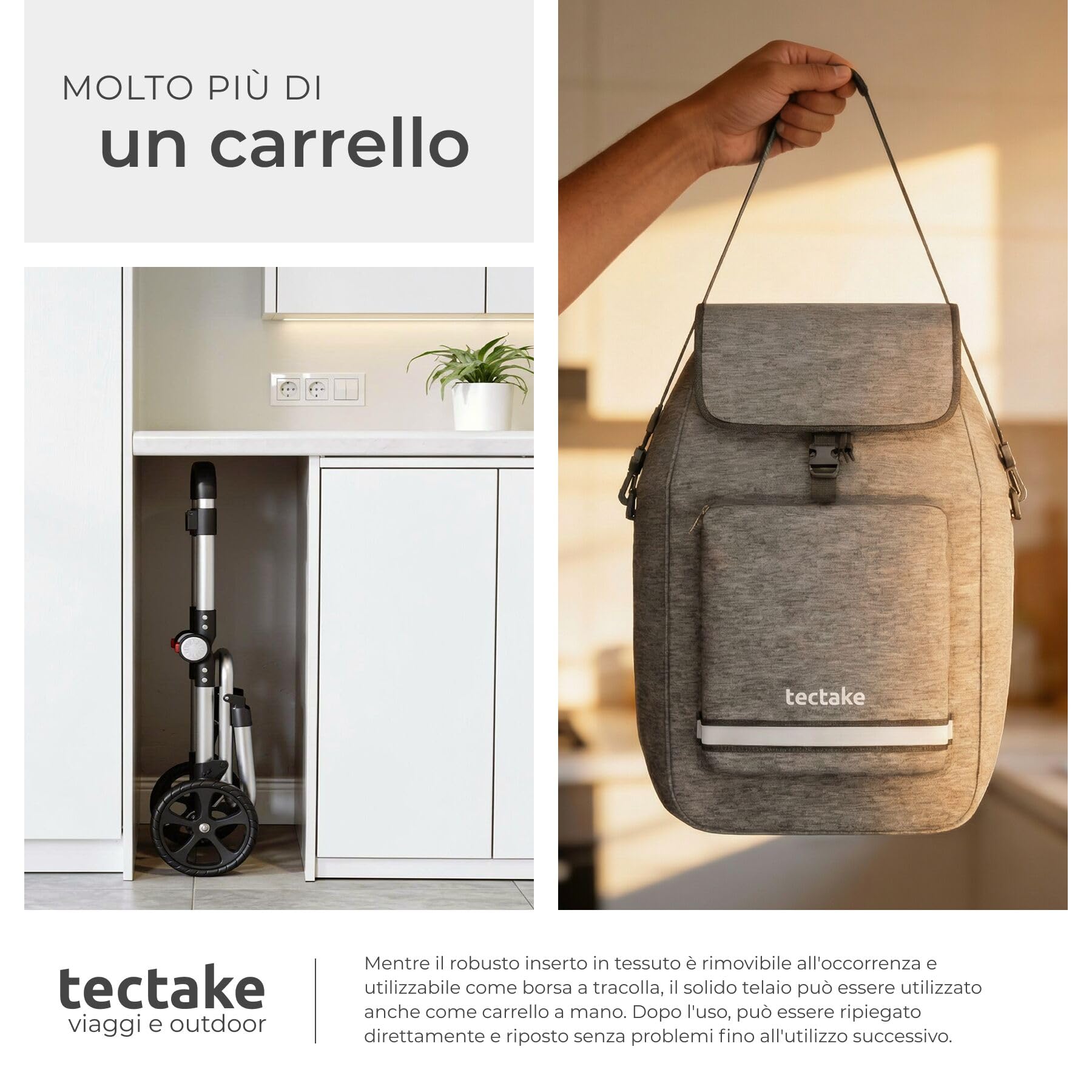 tectake® Carrello Spesa Shopper 3 in 1, Trolley Pieghevole con Borsa Termica per Surgelati, Carrello con Ruote Portatutto, Carrellino Spesa Con Ruote Scorrevoli, Capacità max 30 kg / 56 L - Grigio