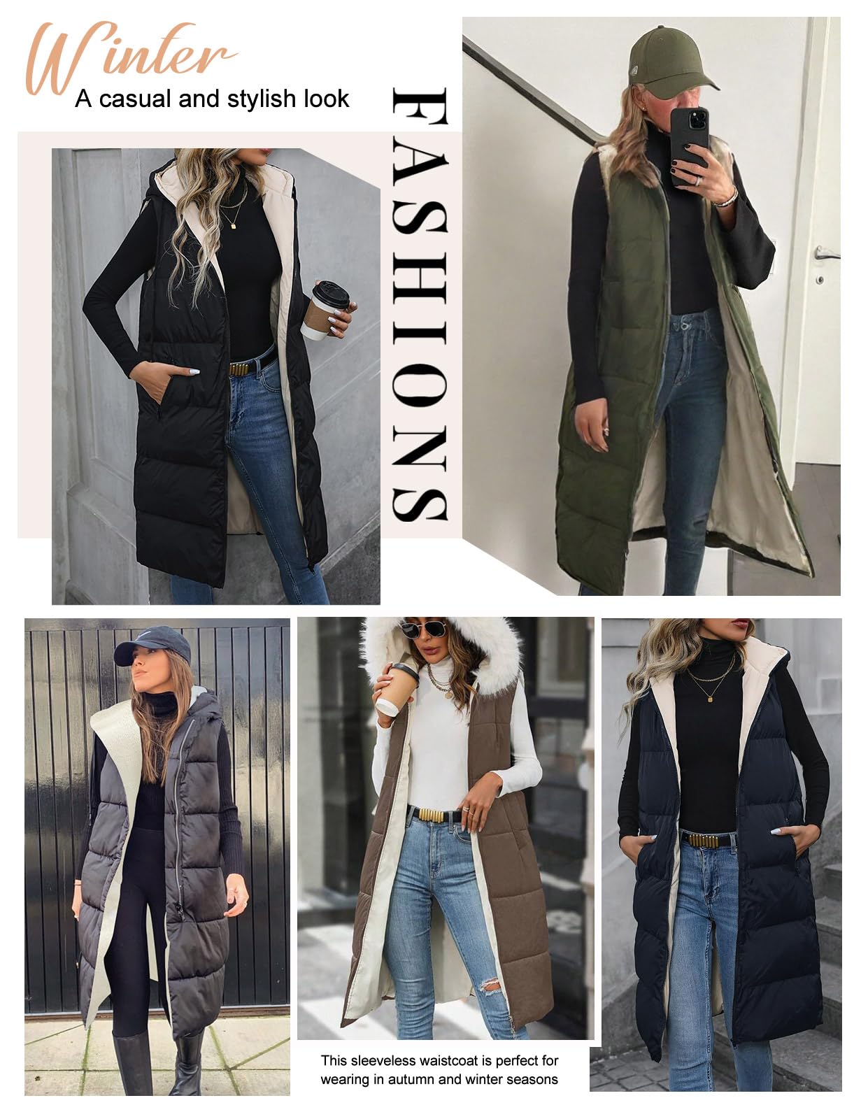 Vancavoo Chaleco Acolchado Mujer con Capucha Chaqueta sin Mangas Abrigo Plumas Largo Invierno Cálidos Chaleco de Forro Polar Outwear