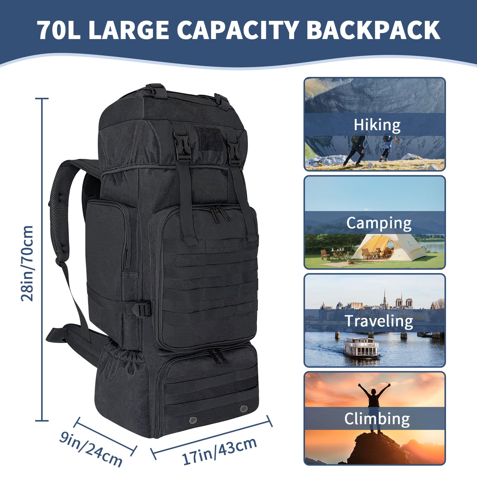 80L Wandern Camping Rucksack, Wasserdichter Großer Outdoor Sport Reise Daypack Molle für Männer Frauen