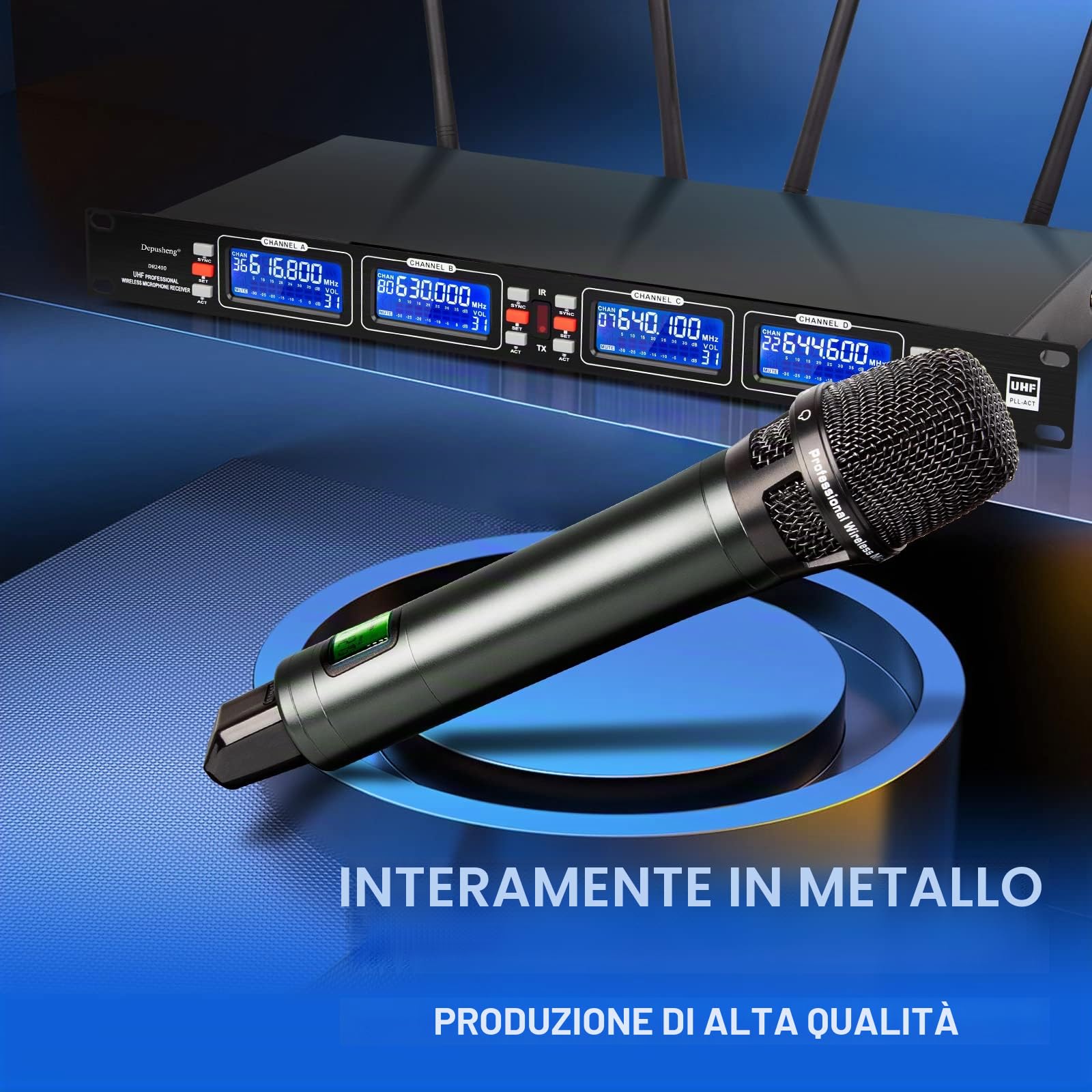 Depusheng Microfoni wireless Microfono palmare wireless dinamico professionale 4 canali, set per karaoke, ricezione a lunga distanza di 100 metri, Ottimo per palcoscenico festa matrimonio