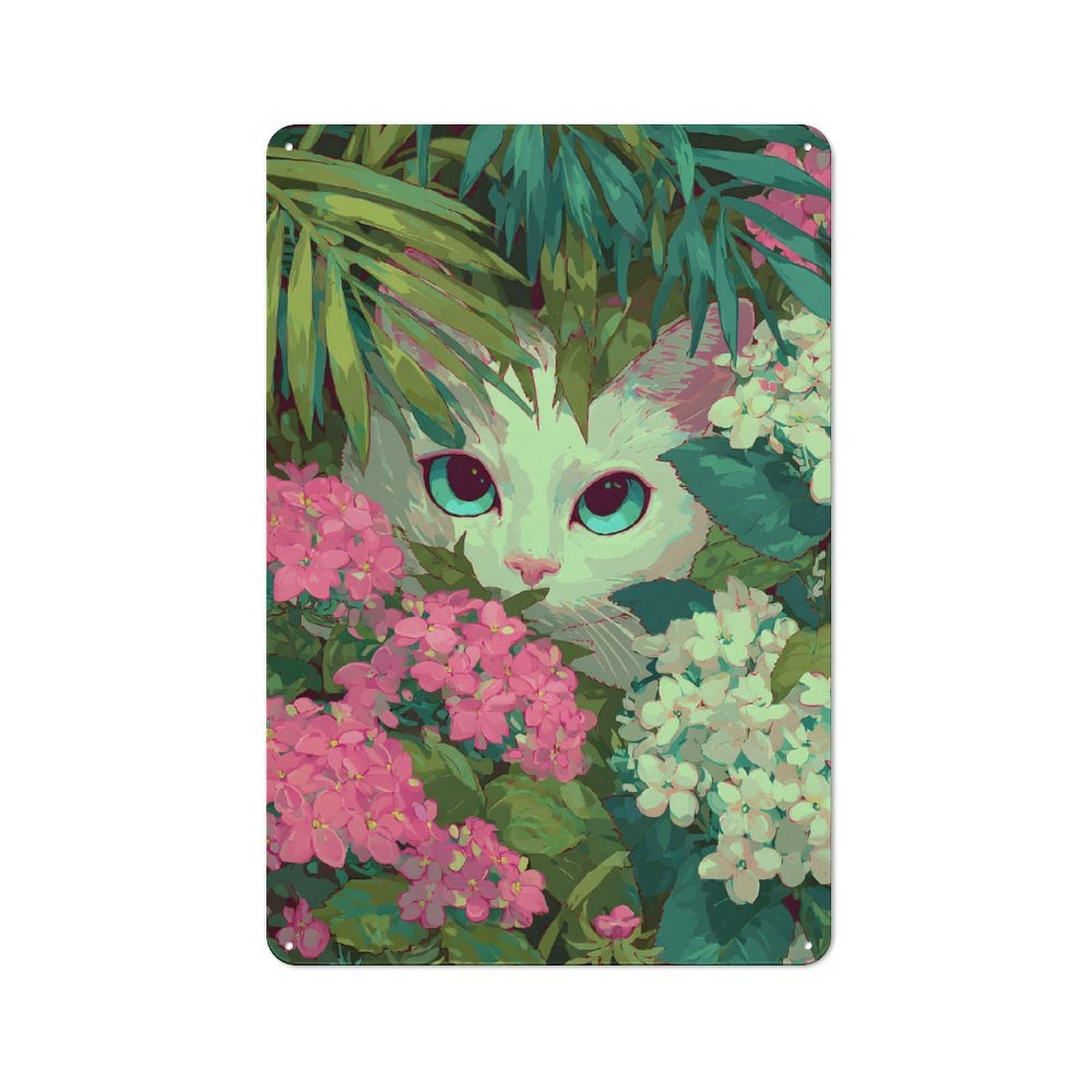 Decorative Tin Plaque with Cat Hidden in Flowers And Foliage Design 30x20cm, Classic Novelty Wall Art for Flat, Dorm Room, Lounge Or Cafe