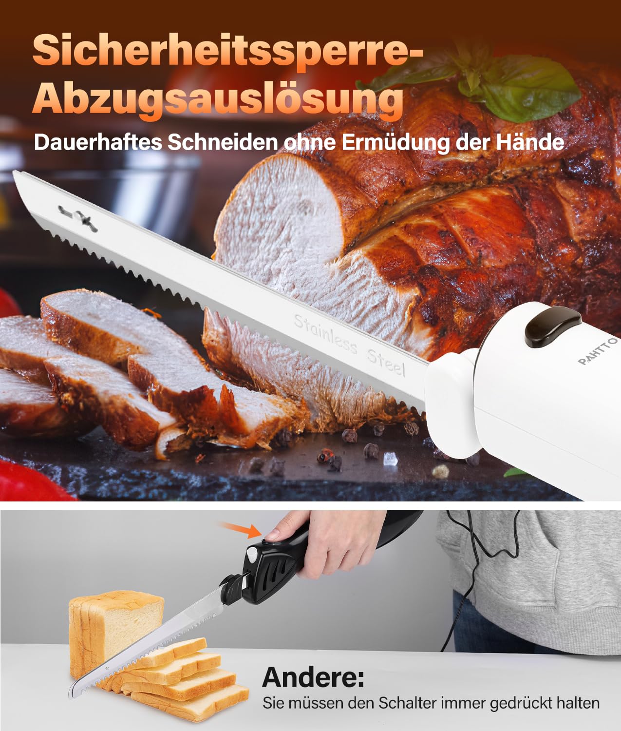 PAHTTO Kabelloses Elektromesser mit Edelstahl-Doppelklingen, Brotschneidemesser Dönermesser Küchenmesser inkl. Box, Gabel und klappbarem Schneidebrett