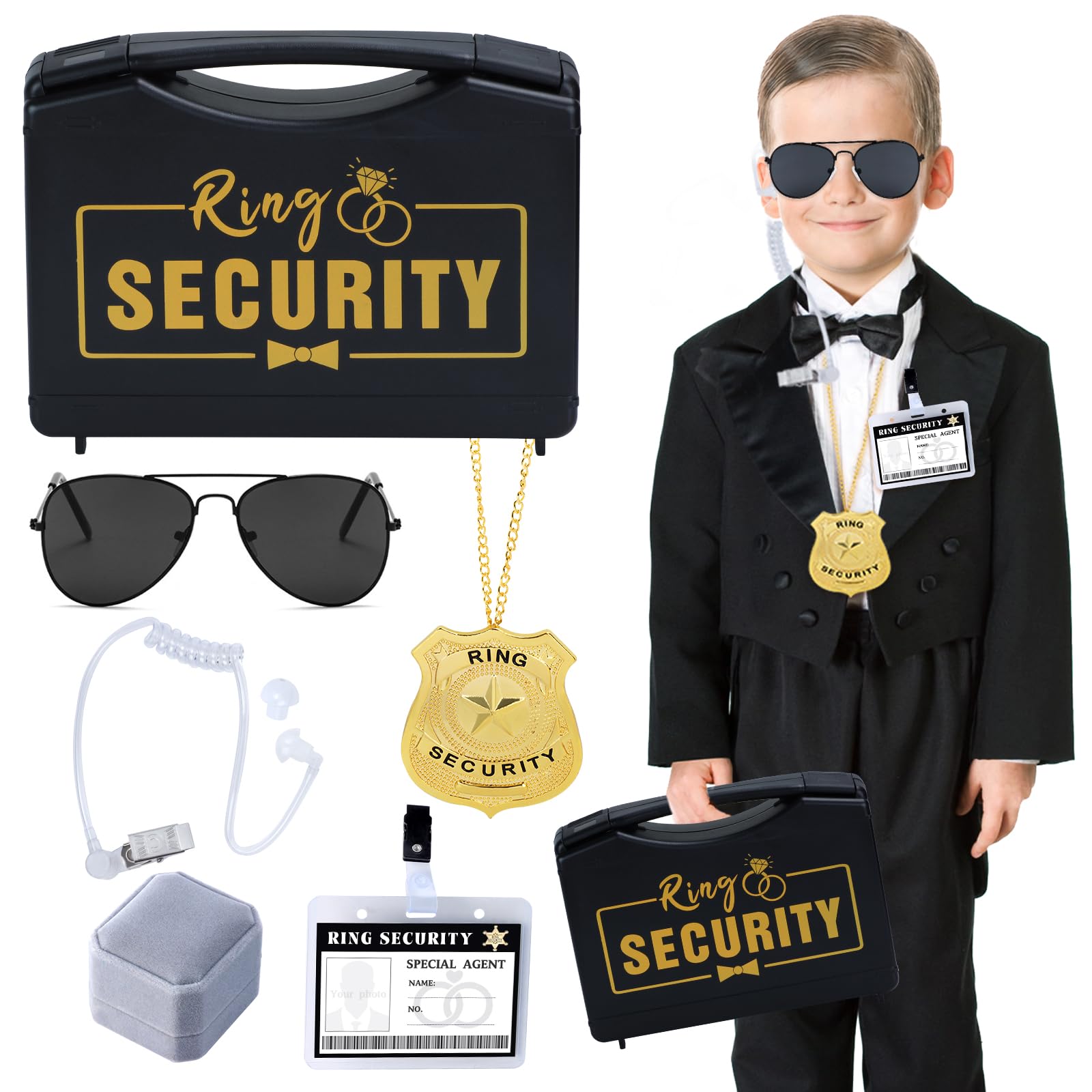 Ring Security Box - Wedding Ring Bearer Set with 6 Pcs, ID Card Badge, Earpiece & Shades for Boys
