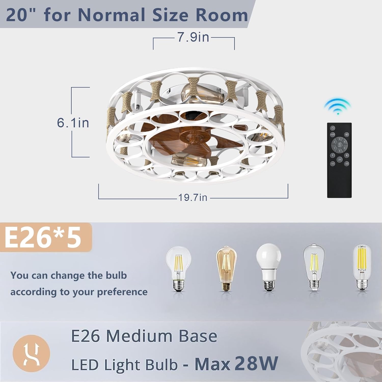 Caged Ceiling Fan with Lights Remote Control, Flush Mount Farmhouse Modern Ceiling Fans, 6 Speeds Reversible Blades, 4 LED Bulbs Included for Bedroom Living Room