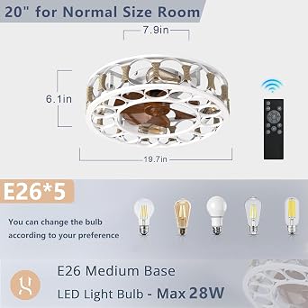 Caged Ceiling Fan with Lights Remote Control, Flush Mount Farmhouse Modern Ceiling Fans, 6 Speeds Reversible Blades, 4 LED Bulbs Included for Bedroom Living Room