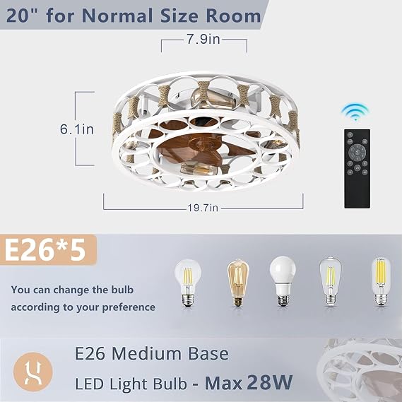 Caged Ceiling Fan with Lights Remote Control, Flush Mount Farmhouse Modern Ceiling Fans, 6 Speeds Reversible Blades, 4 LED Bulbs Included for Bedroom Living Room