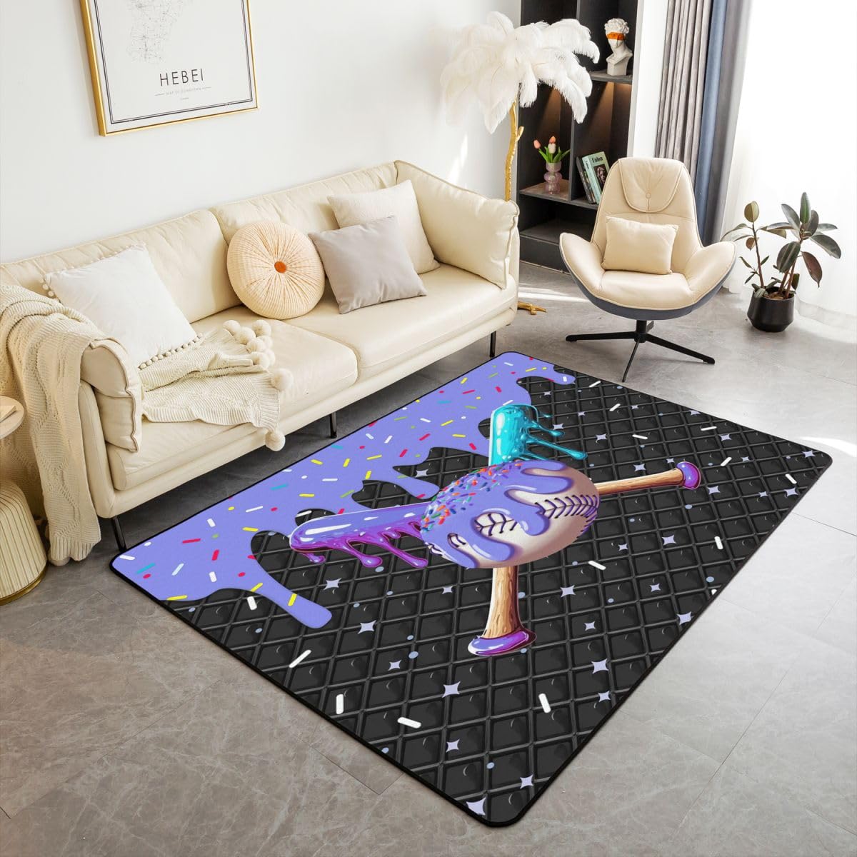 Homewish Dywan o tematyce baseballowej 100 x 150 cm do sypialni - dla dzieci nastolatków dorosłych, fioletowe dywany do lodów salon miłośnik piłki sportowej nie gubi włosia dywan kremowe cukierki