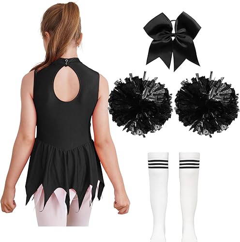 Miniatura 2 de YiZYiF Disfraz de líder de animadora de Halloween para niñas, uniforme de animación, vestido de baile con lentejuelas, con pompones, medias y