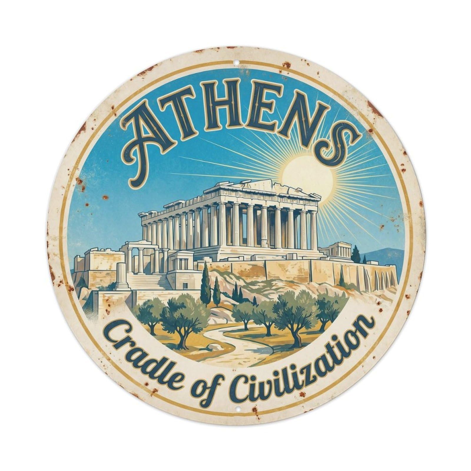 Vintage Travel Athens Acropolis Ancient Metal Tin Sign Plaque Wall Decor for Cafe, Club Bar, Office, Home Garden Round Metal Poster 8x8Inch