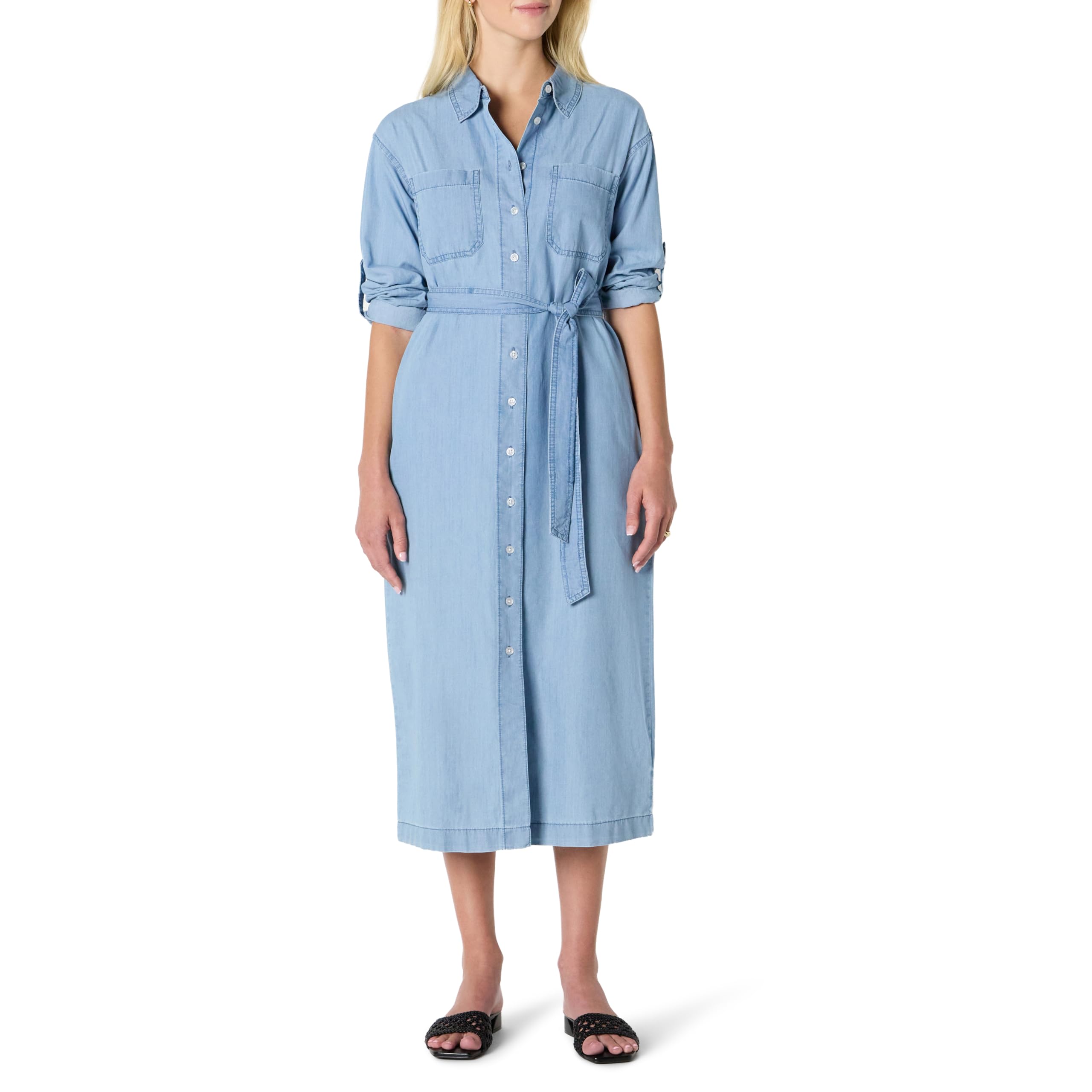 Amazon Essentials Vestido de Manga Larga de Cambray Vaquero de Corte Recto Mujer