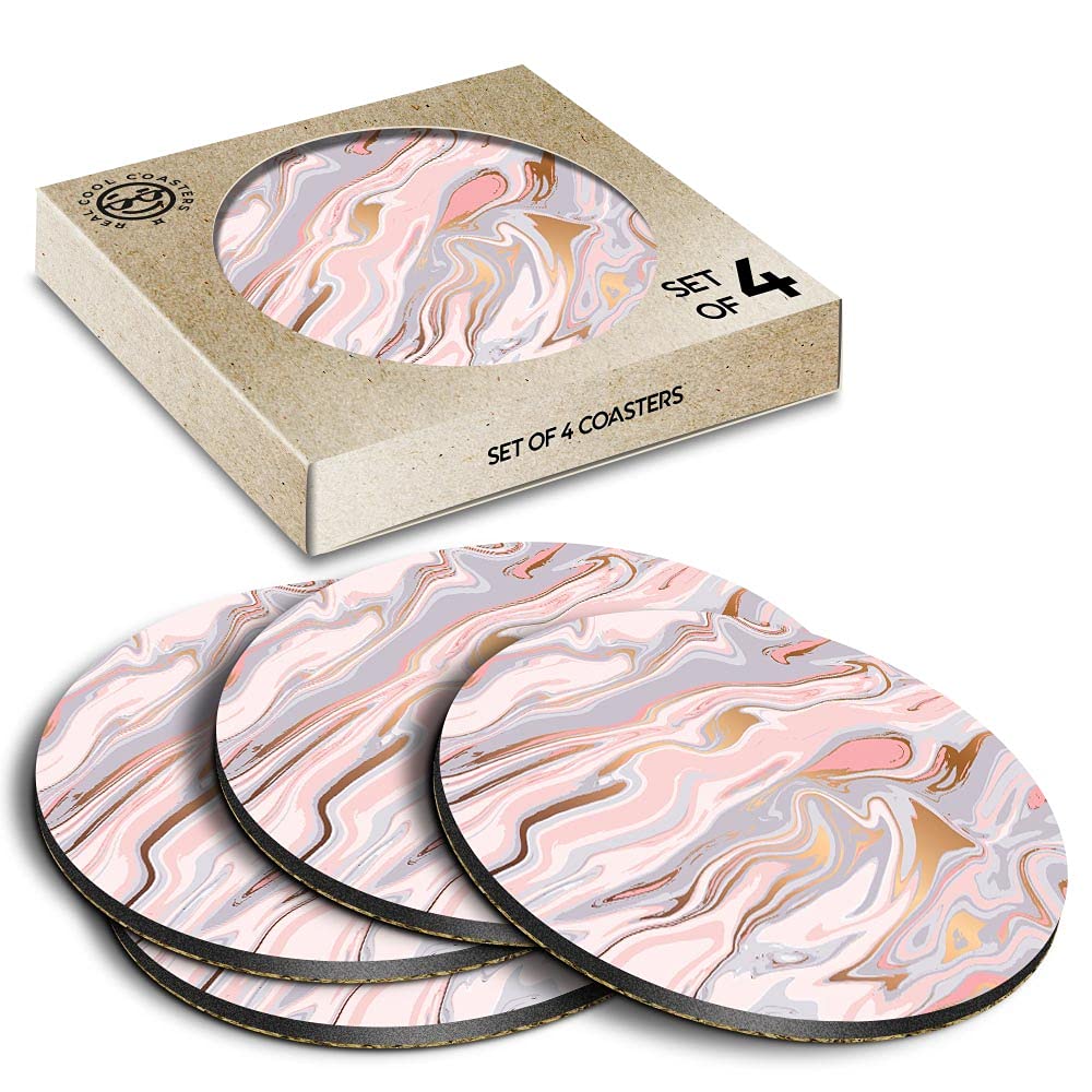 4 x Eco Boxed Cork Coasters - Pink Grey Art Deco Marble Drink Cup Mug Glass Table Mat #14723