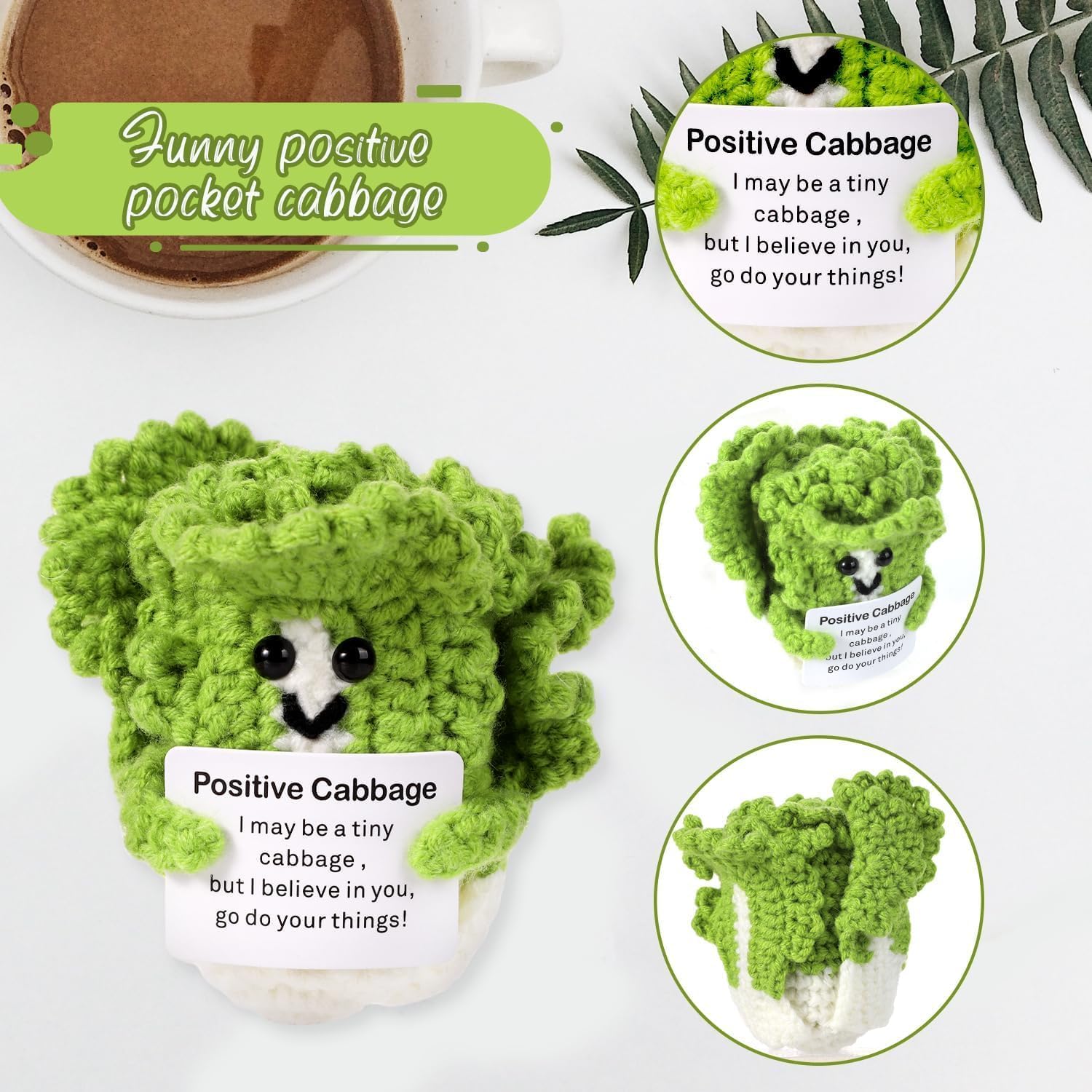 BOXOB Mini Funny Positive Cabbage, 3.15in Funny Knitted Wool Pocket Cabbage Doll Creative Cute Crochet Emotion Cabbage for Birthday Gift Party Decoration Encouragement image 4