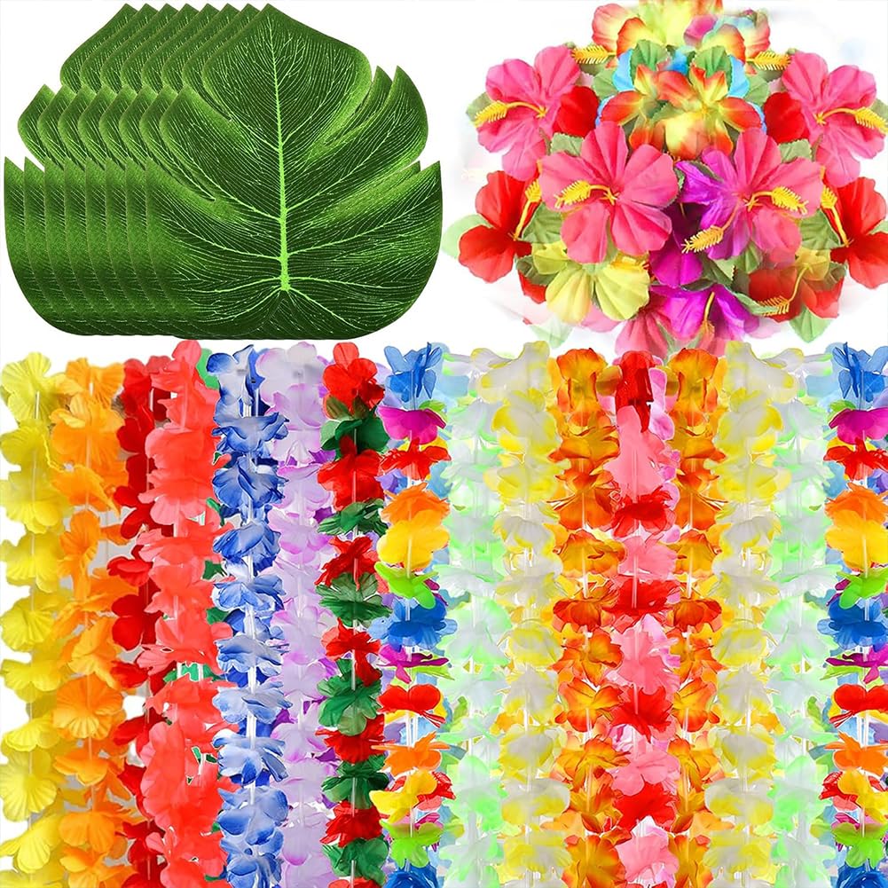 70 Pcs Hawaiian Luau Leis Decorations Supplies with Hibiscus Flowers Necklace Simulation Leaf Tropical Party Decoration Supplies Hawaiian Beach Theme Party Favors Summer Pool Decor Supplies