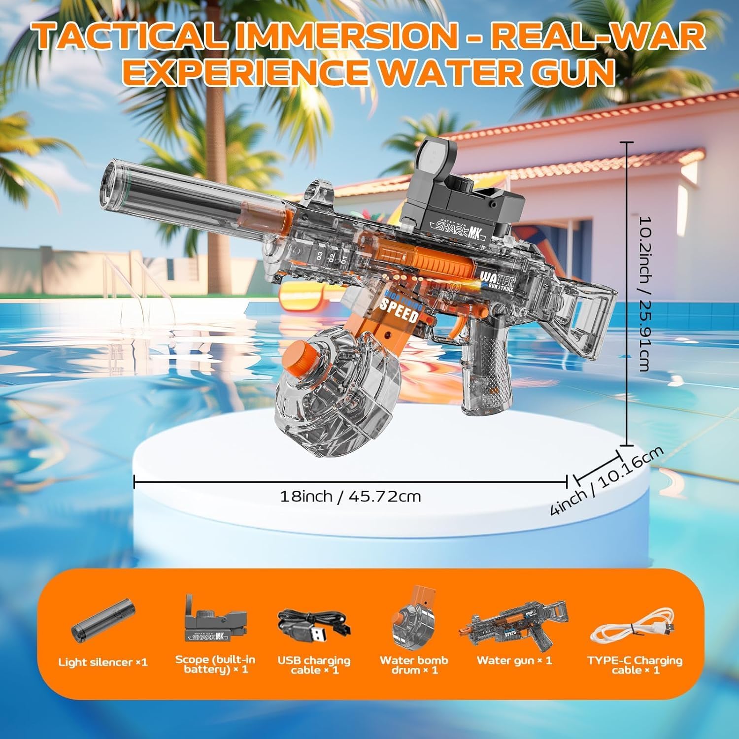 Electric Water Gun Toy, Suitable for Children and Adults, Large Capacity Water Tank, Muzzle Flame Effect LED Light, Outdoor Swimming Pool, Beach Battle Toy (MP5-Black)