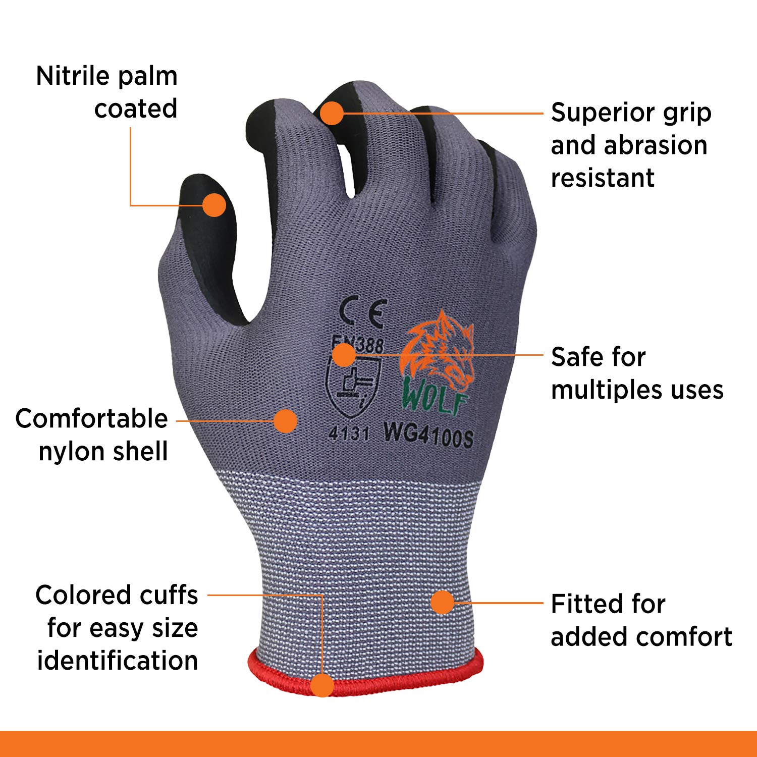 WOLF - Guante de trabajo ultrafino de espuma de nitrilo con revestimiento de palma de nailon, para construcción, jardinería, mecánica, almacén, multiusos, color negro (12, S)