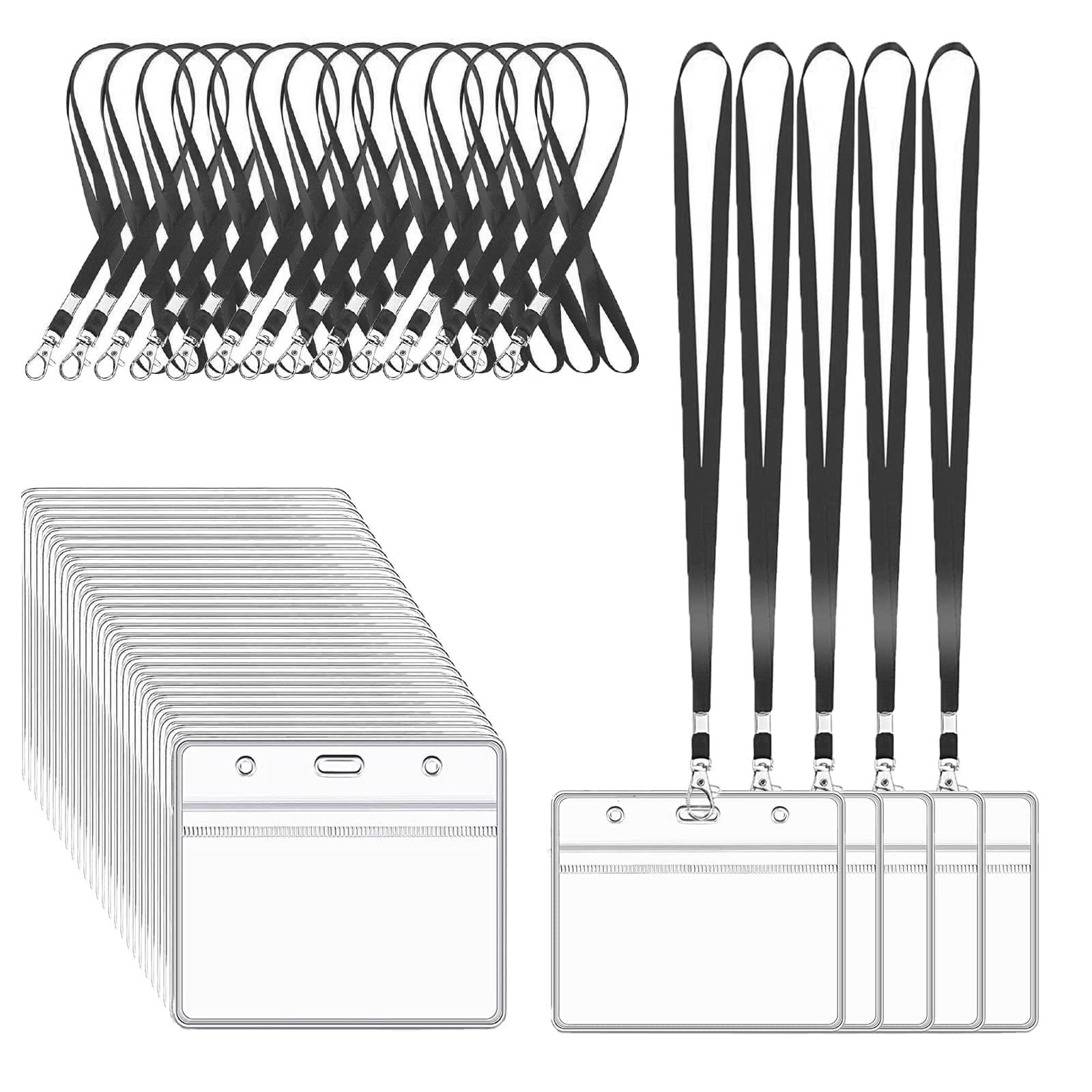 XHDA Black 30PCS Lanyards for Neck with 30PCS Card Holder, Lanyard with Clear Plastic Card Holder for ID Card and Staff