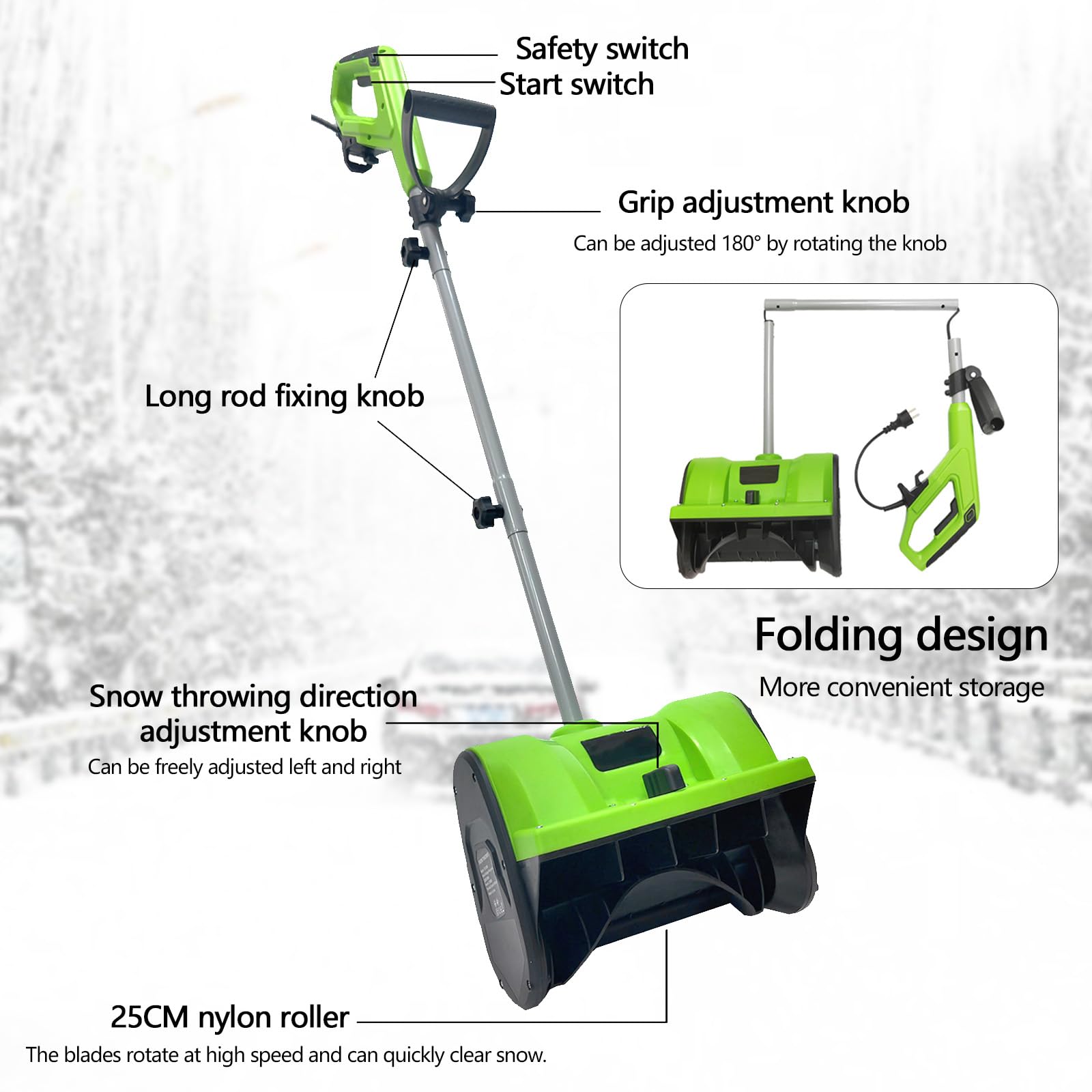 Sopladores Nieve, 1200W Barredora Nieve Soplador Eléctrico Barredora 220V Exteriores Dirección Lanzamiento Nieve Ajustable Mango 180 ° 3500 Rpm Distancia Máxima Lanzamiento 8M 32cm Ancho Barrido Nieve