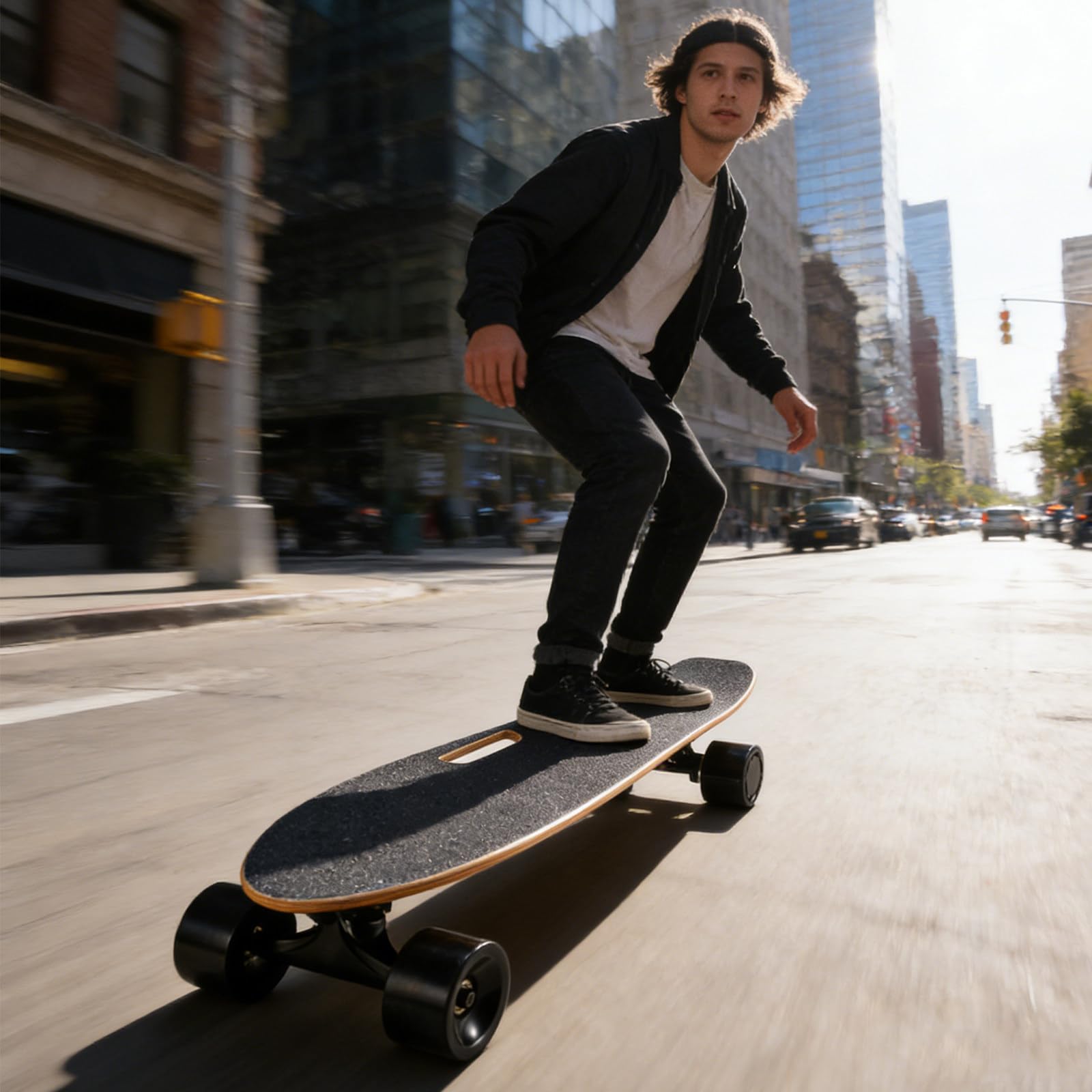 Skateboard électrique avec télécommande, Vitesse maximale de 22 km/h, autonomie de 8 km, Charge maximale de 160 kg, modèle Cruiser en érable pour Adultes et Adolescents, 3 Vitesses réglables