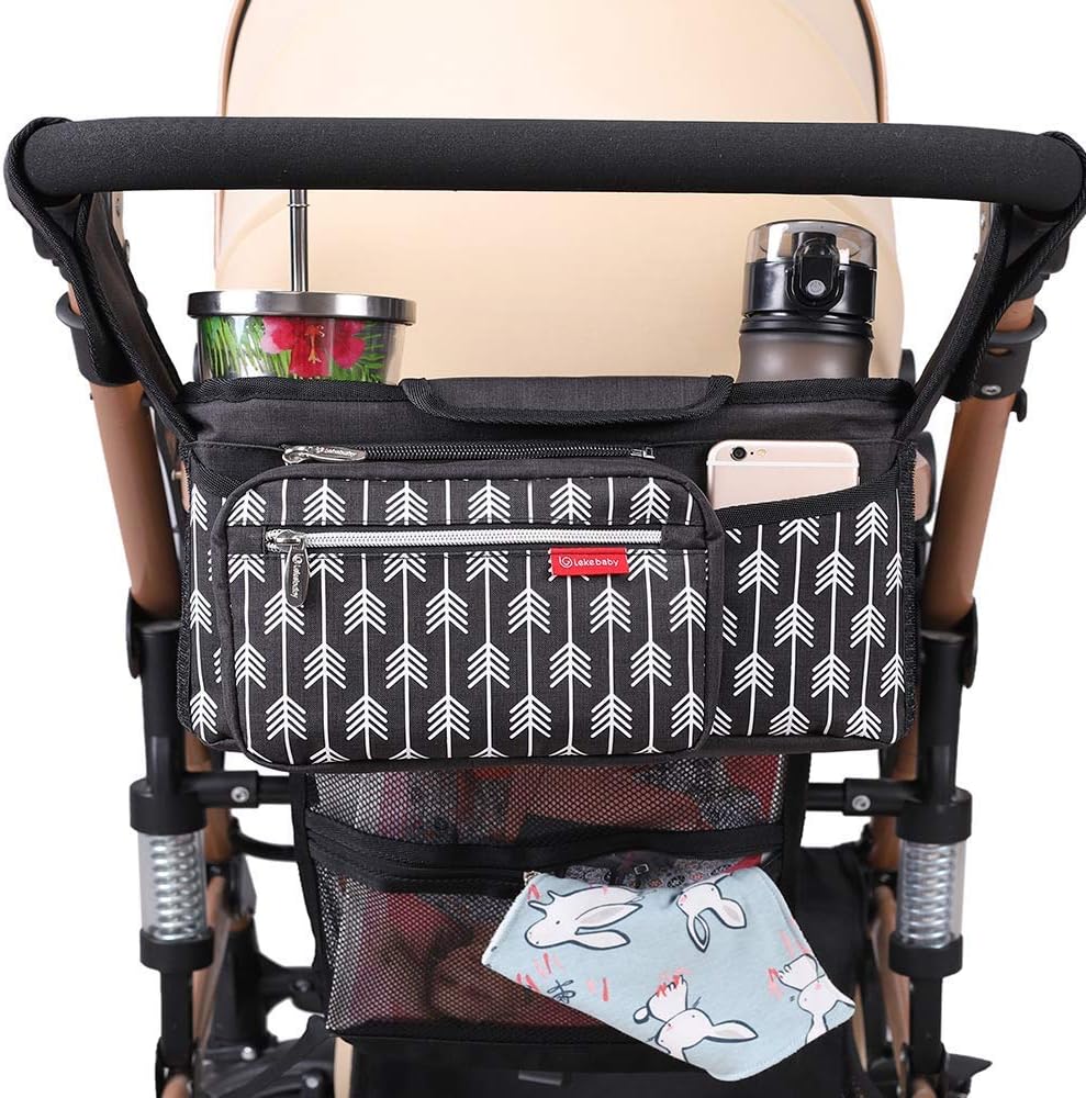 Lekebaby Stroller Organizer with Insulated Cup Holder Universal Stroller Accessories Fits for Stroller like Baby Trend, Baby Jogger, Bugaboo, BOB, Umbrella and Pet Stroller, Black