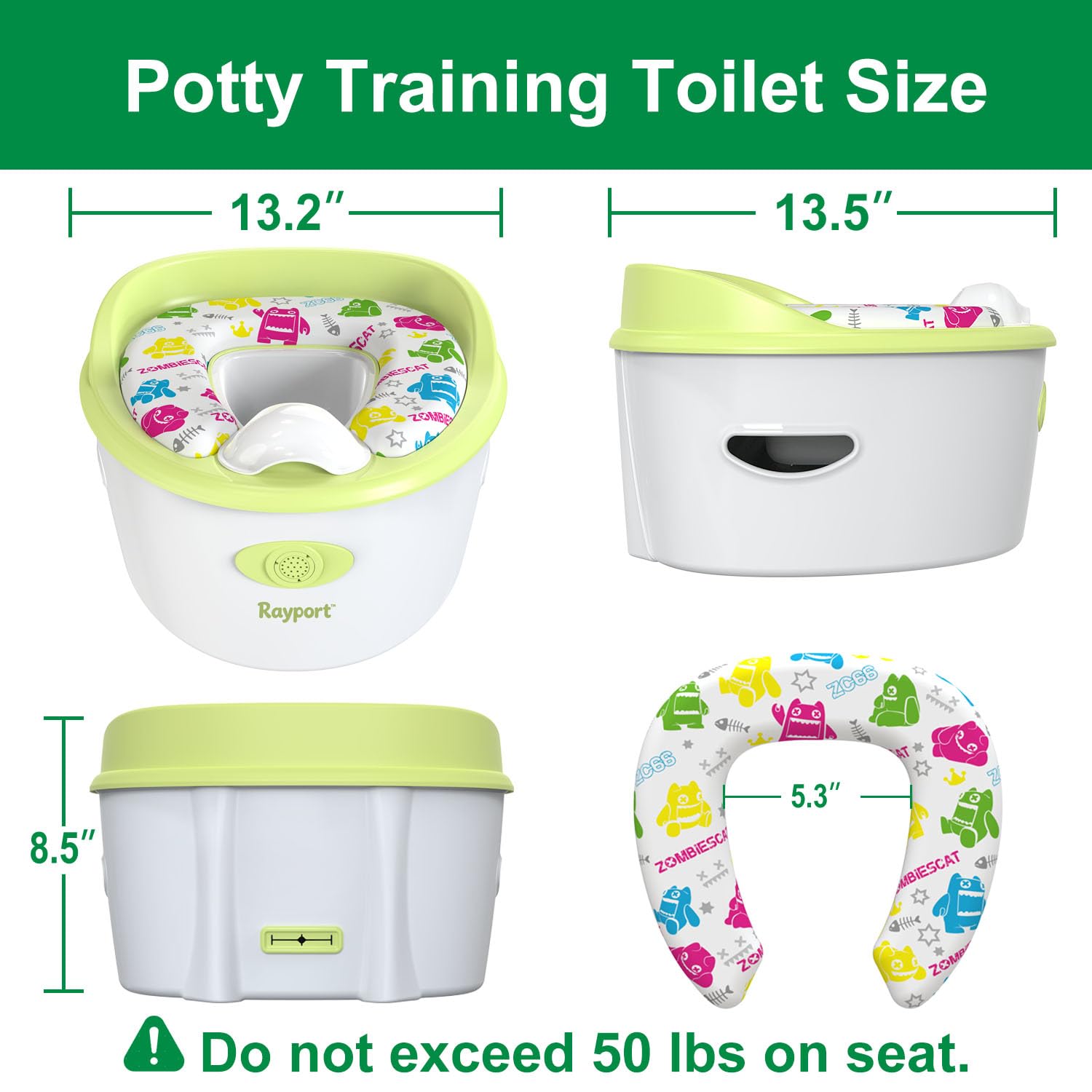 Orinal de entrenamiento musical 3 en 1 para niños pequeños con asiento acolchado, verde y blanco, maceta interior extraíble