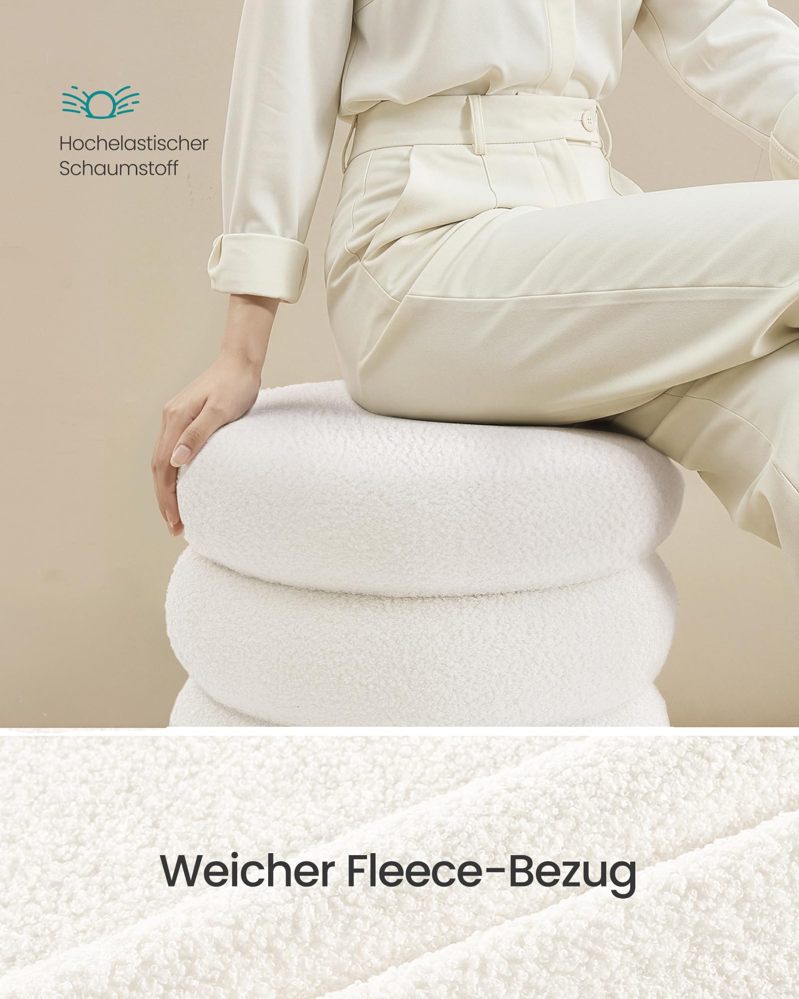 SONGMICS Polsterhocker mit Stauraum, runder Sitzhocker, 43 x 47 cm, weiß, Fleece