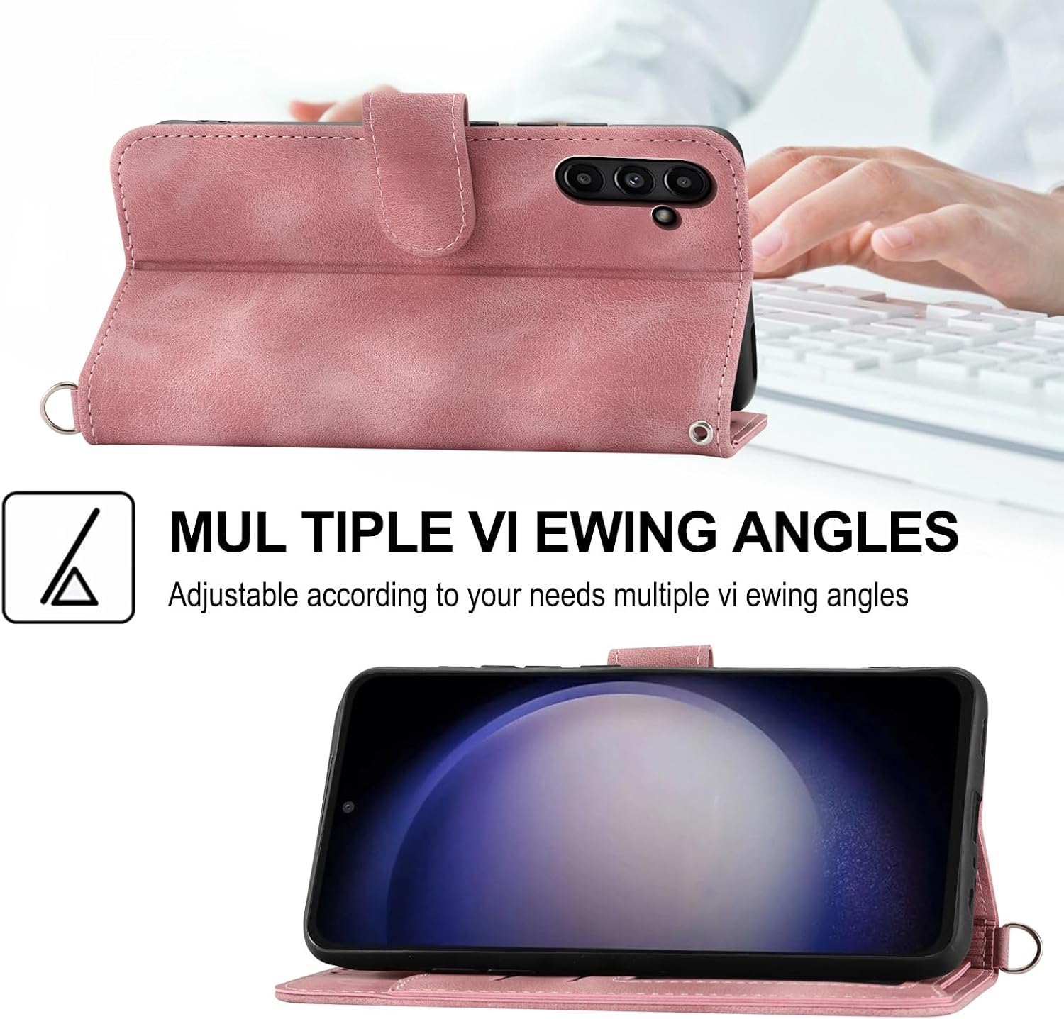 Wallet Case for Samsung Galaxy S25 FE 5G with Wrist Strap Crossbody Shoulder Strap,Embossed Leather Flip Credit Card Holder Stand Cell Phone Cover for S 25 EF S25FE 25S 25FE Women Girls Pink