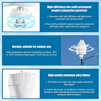 100WWind Turbine, 12V IP67Wind Turbine Generator Kit,Vertical Axis Wind Turbine Generator w/Controller, 13m/s Rated Wind Speed Wind for Home, Boats, Gazebos, Cabins, etc (White)