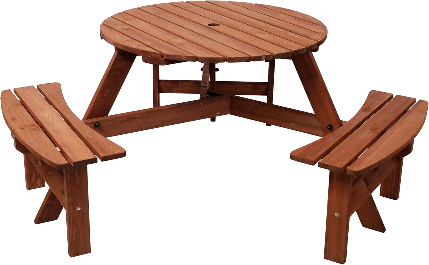 Wooden Picnic Table with 3 Built-in Benches 6 Person, 35-inch Round with Umbrella Hole, for Garden Patio Backyard, Ideal for Camping Dining Small Family Gatherings, Fits Outdoor Activity Needs​