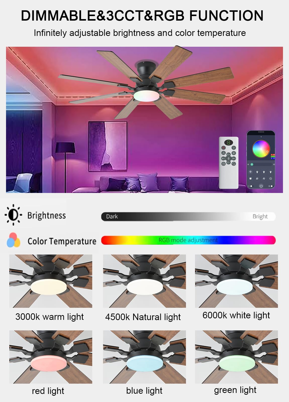 52 inch Ceiling Fan with Light 6 Speeds Reversible Low Profile Ceiling Fan with Light and Remote APP — view 4