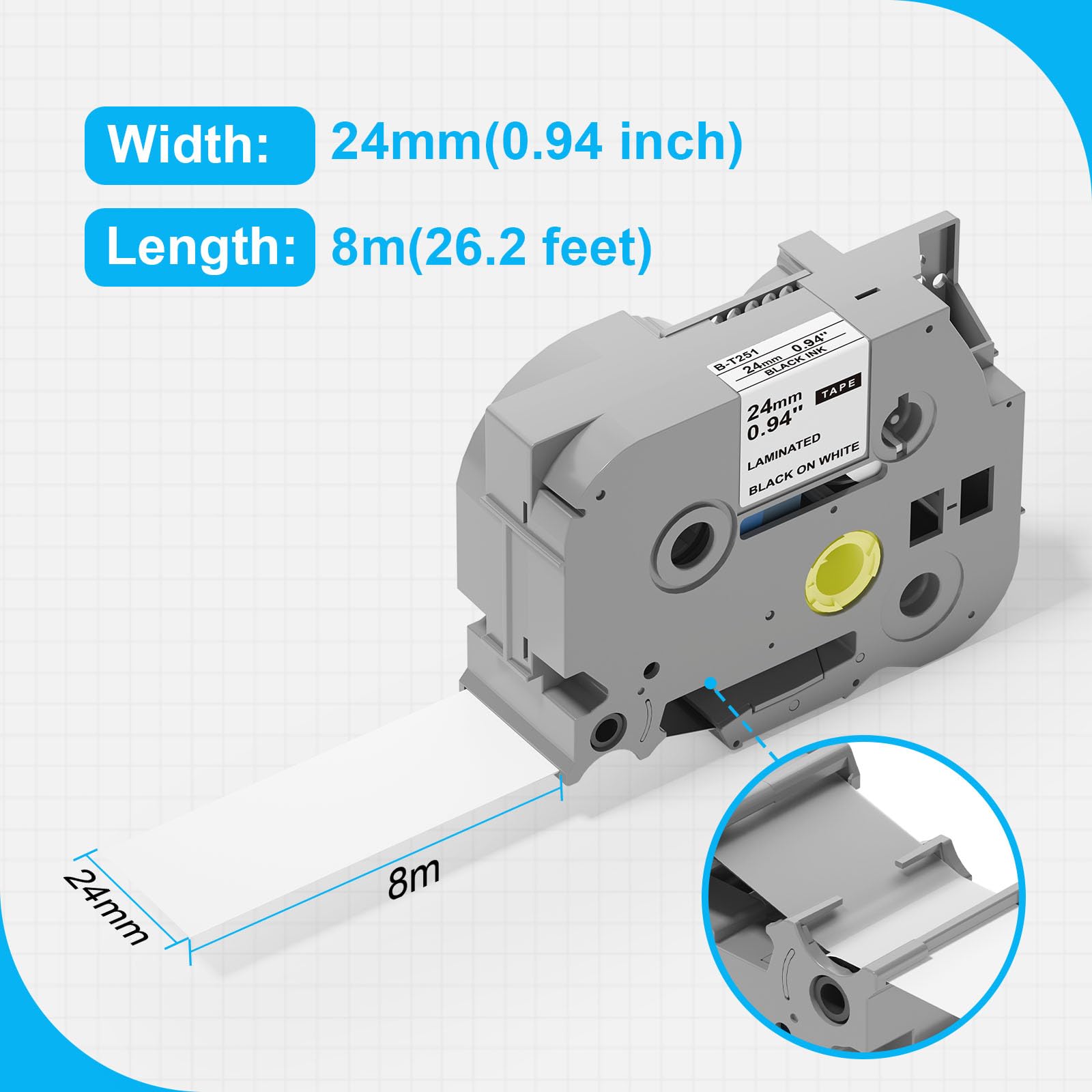 TZe - Nastro per etichette da 24 mm, 0,94, laminato, bianco, ricambio per TZe-251, compatibile con Brother TZ Tze251 da 1", nero su bianco, ricambio per P Touch PT-D600 PT-D610BT P710BT P700