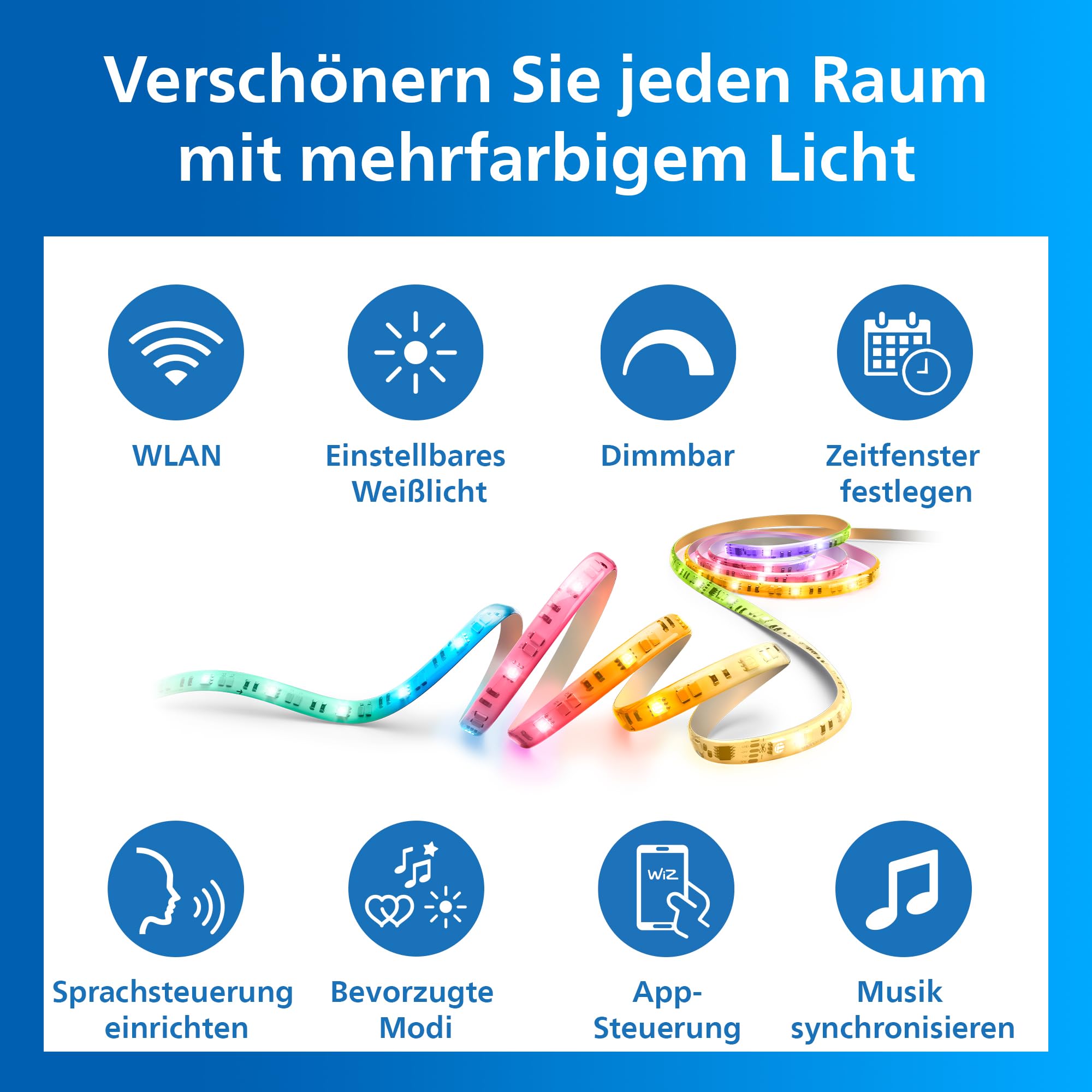 Philips Smart Lighting RGBICWW LED-Streifen, 10 m, Typ C, Mehrfarbige Farbverläufe, Einstellbares Weißlicht, Ambientes Licht, Verbunden Durch WiZ, Alexa, Google Home, Apple Home, 1er- Pack