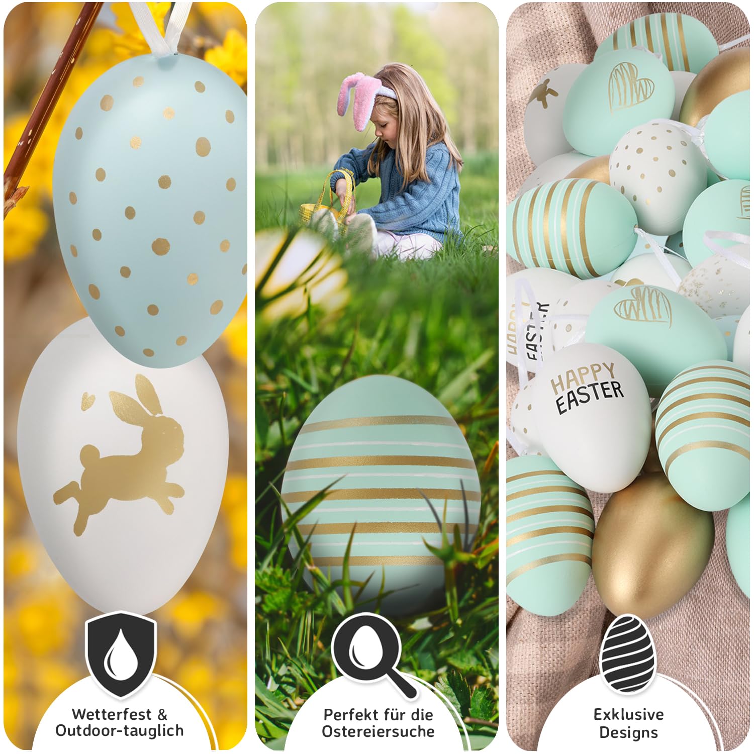 Festicy Ostereier 24 Stück I die Ostern Deko 2026 I (Weiß, Grün, Gold) 8 Designs I Hasen, Happy Easter Schriftzug I Ostereier zum Aufhängen draußen I Plastik Oster Eier Outdoor