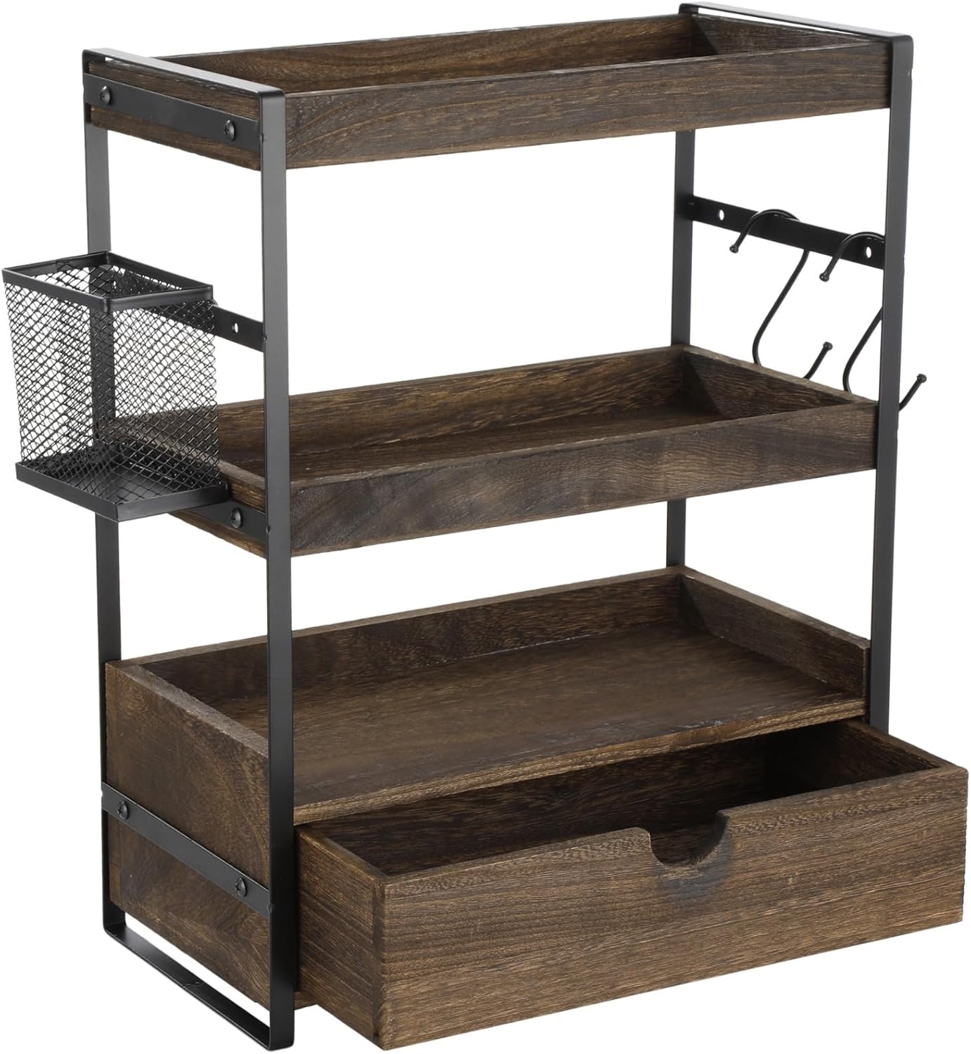 3 Tier Bathroom Countertop Organizer with Drawer, Wood Metal Vanity Shelf with Basket and Hooks, Countertop Storage Rack for Skincare, Perfume, Makeup, Kitchen Coffee Bar