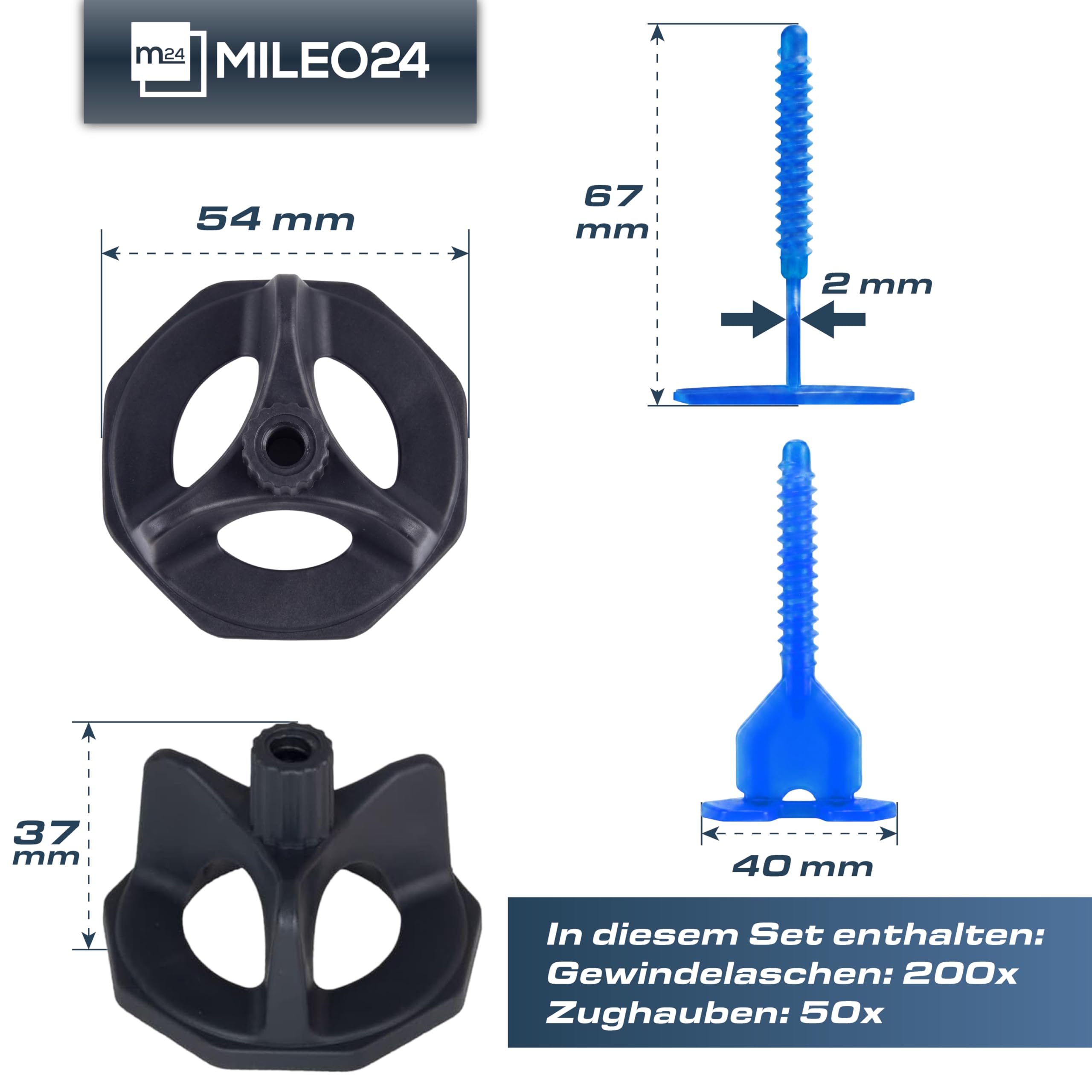 Fliesen-Nivelliersystem Fugenkreuze Set I 200 x 2mm Gewindelaschen + 50 Zughauben I Verlegehilfe Fliesenkeile - Satz I Fugen AUSWAHL 1-3mm