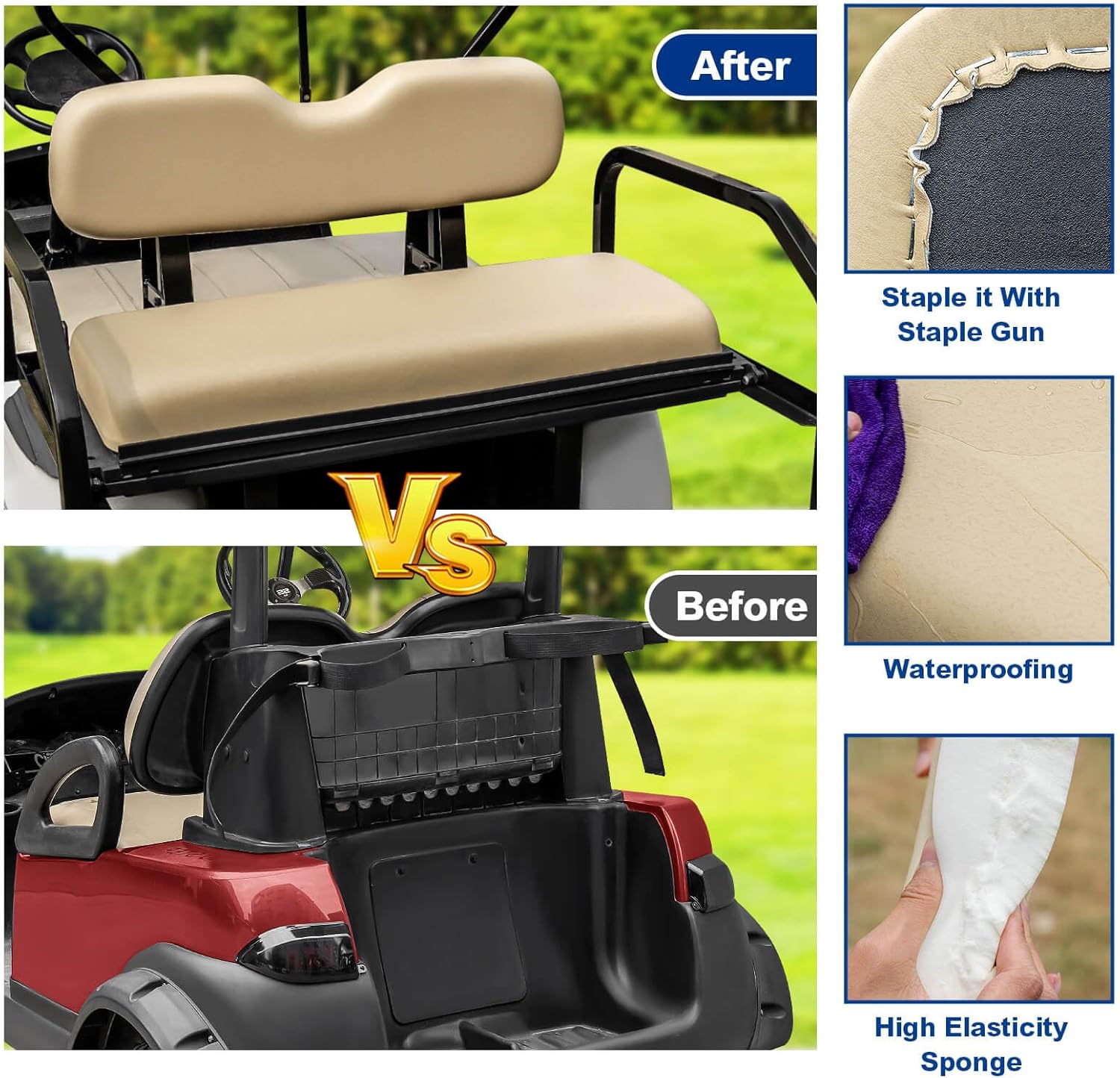 Universal Golf Cart Replacement Rear Seat for EZGO/Club Car/Yamaha Golf Cart Seats, Including Seat Cushion and Backrest Pad,Fit Flip Rear Seats