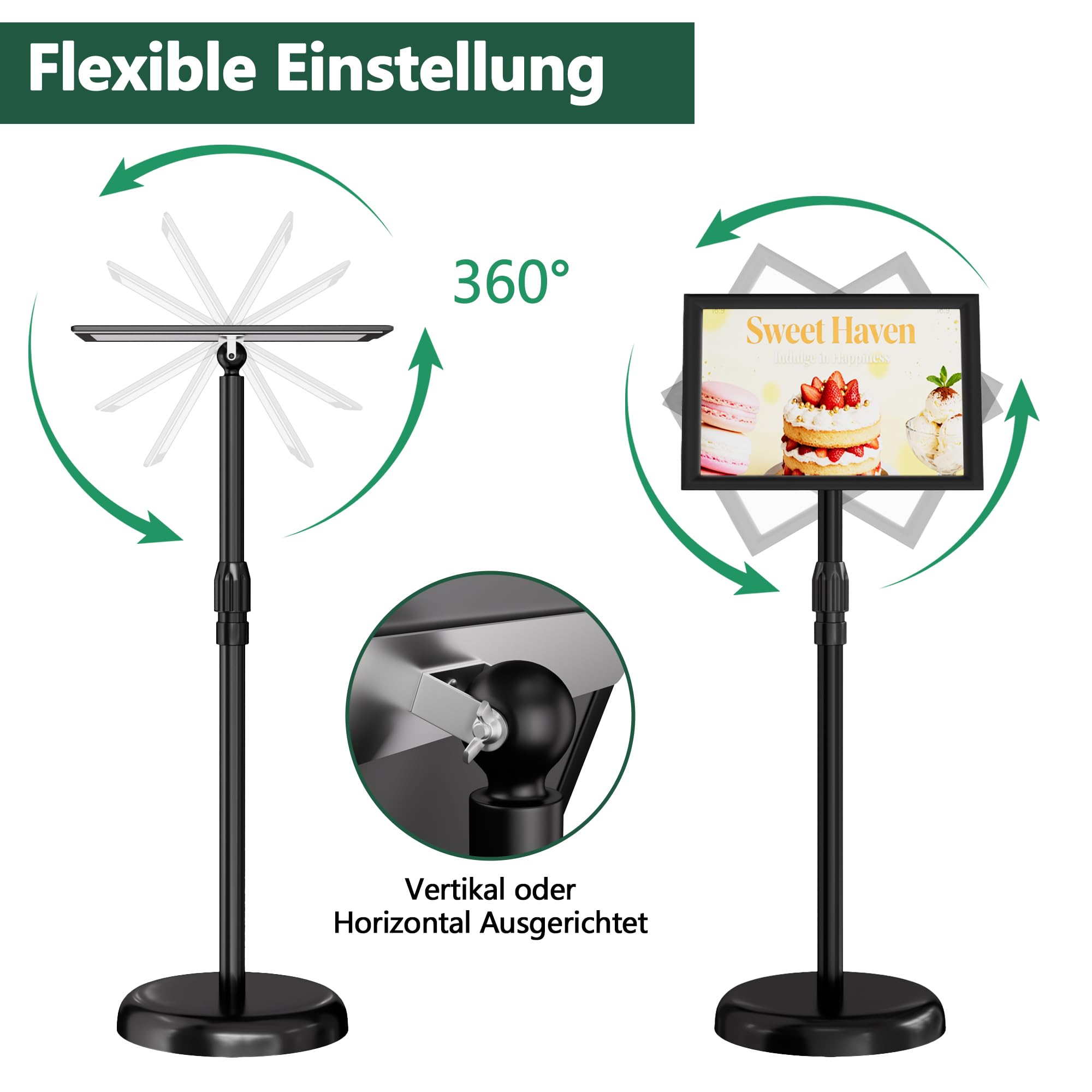 Infoständer DIN A4, Aufsteller, Kundenstopper, Höhenverstellbar, Plakatständer mit stabiler Basis, Präsentationsständer, A4 Werbeständer mit Drehbarem Display Einfachem Inhaltswechsel (Schwarz)